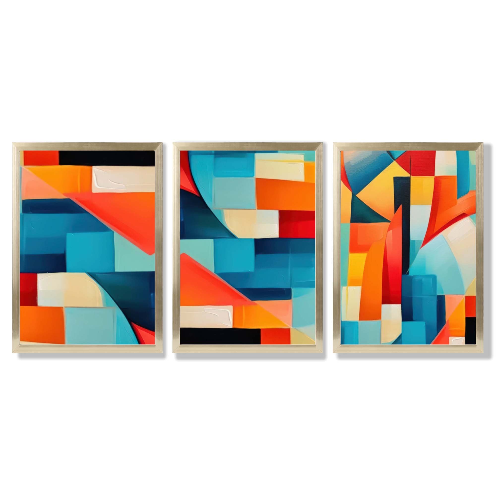 Set of 3 Abstract Colourful Geometric Shapes Framed Art Prints with Gold Wood Frames