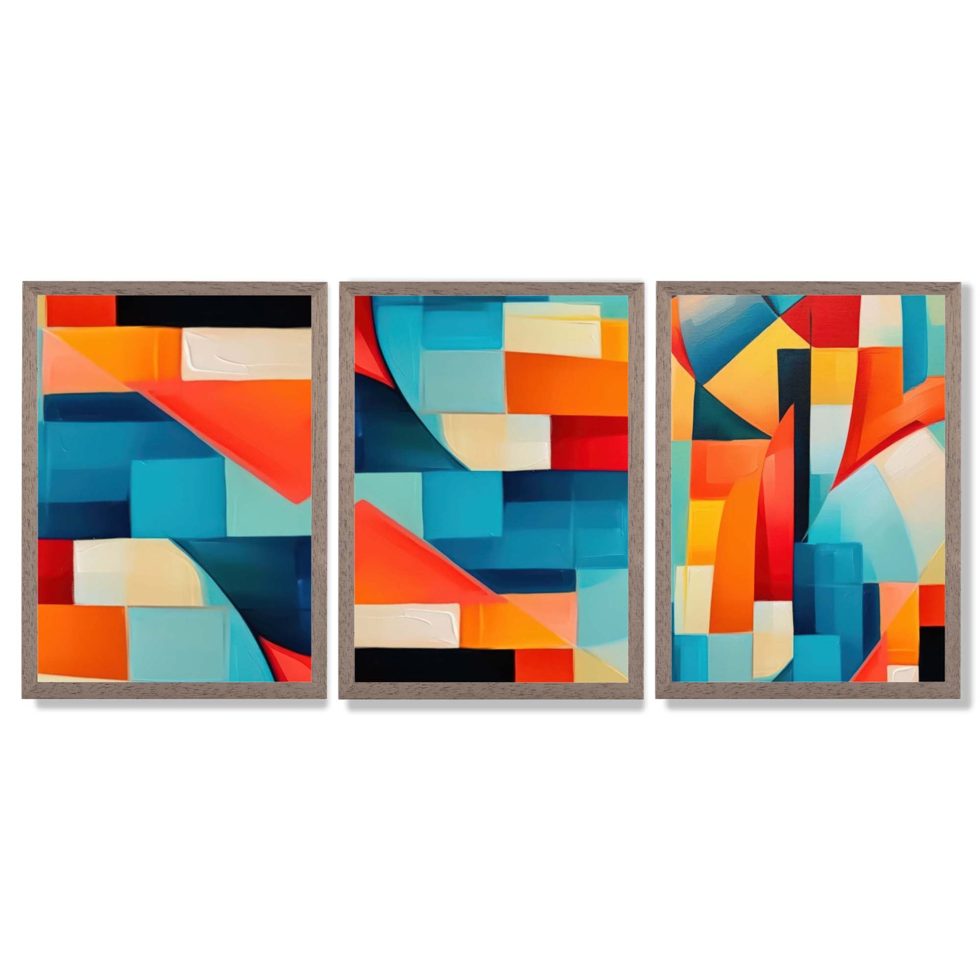 Set of 3 Abstract Colourful Geometric Shapes Framed Art Prints with Light Walnut Frames