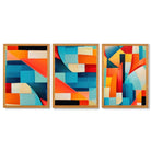Set of 3 Abstract Colourful Geometric Shapes Framed Art Prints with Oak Wooden Frames