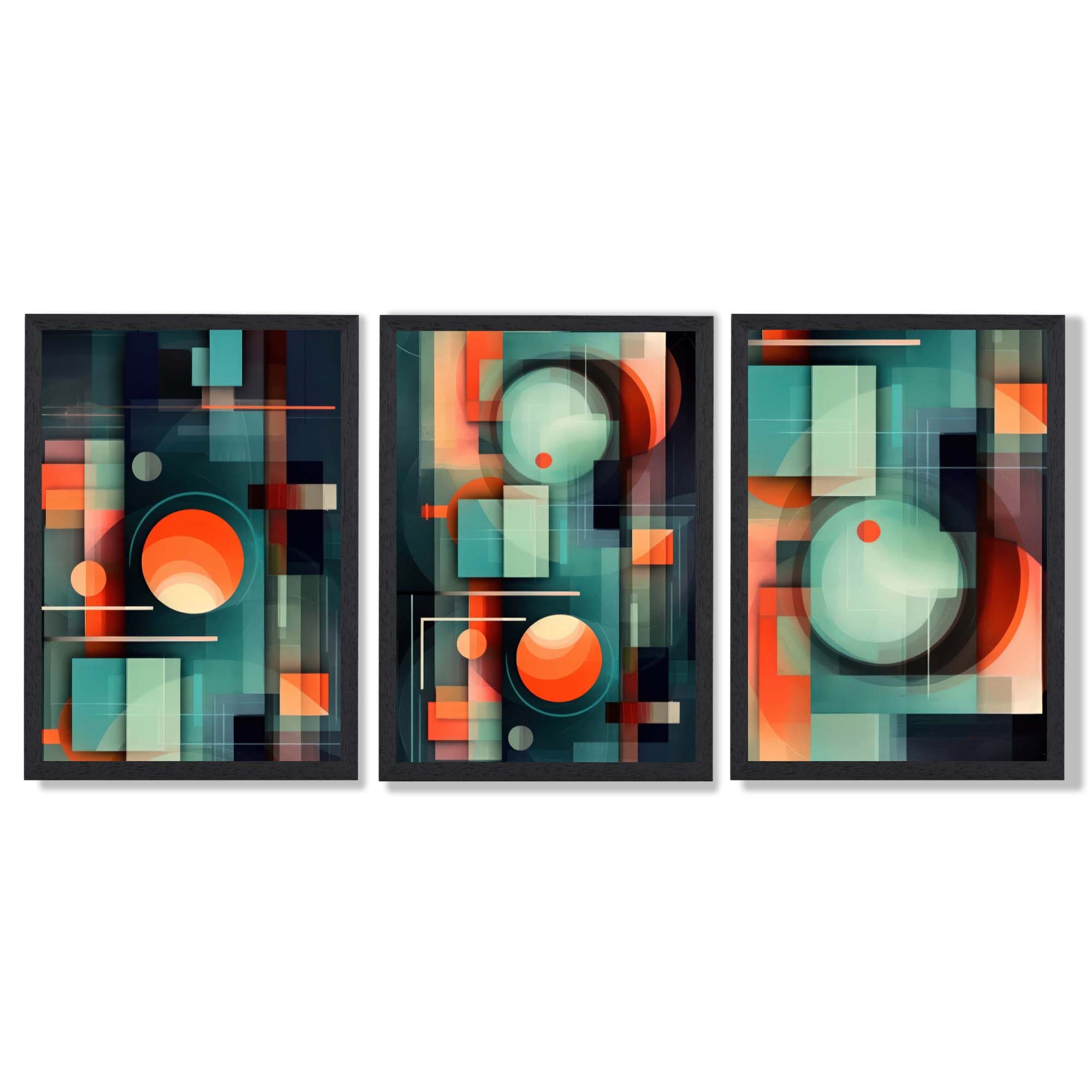 Abstract Cubism Green and Orange Set of 3 Framed Art Prints with Black Wooden Frames