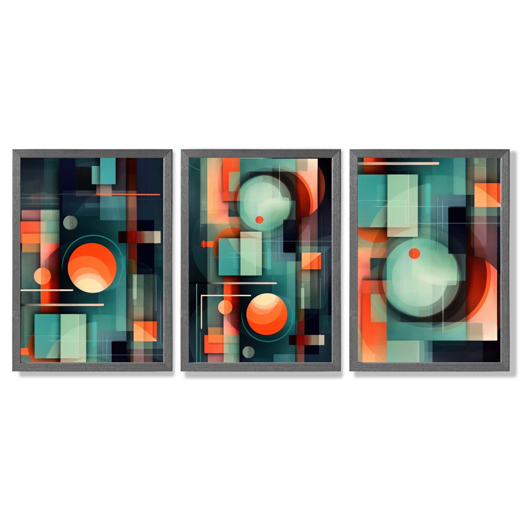 Abstract Cubism Green and Orange Set of 3 Framed Art Prints with Dark Grey Wooden Frames