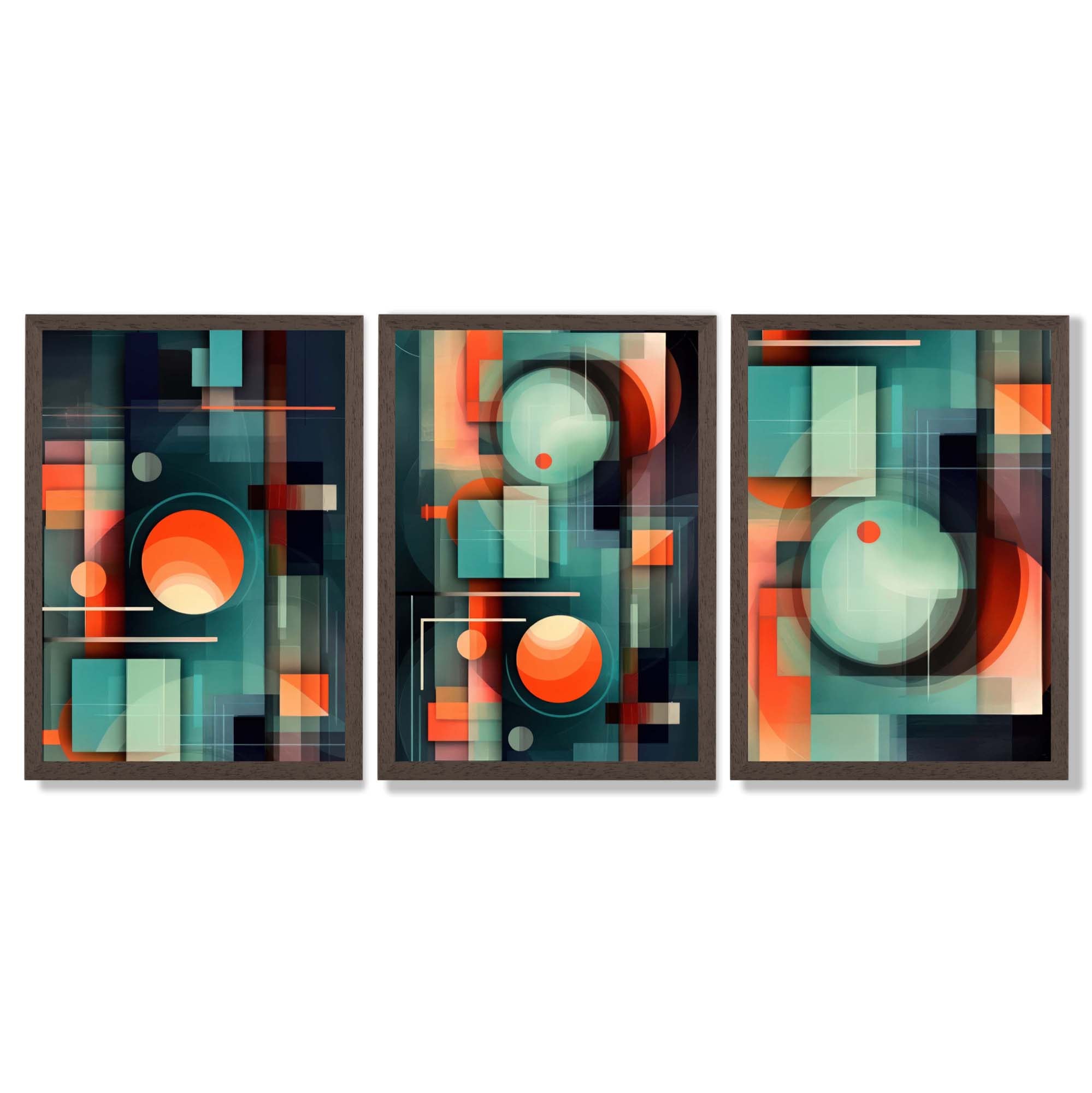 Abstract Cubism Green and Orange Set of 3 Framed Art Prints with Dark Wood Frames