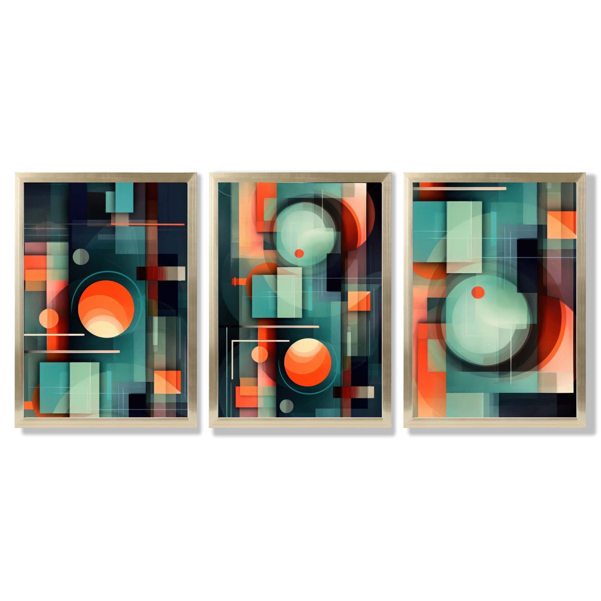 Abstract Cubism Green and Orange Set of 3 Framed Art Prints with Gold Wood Frames