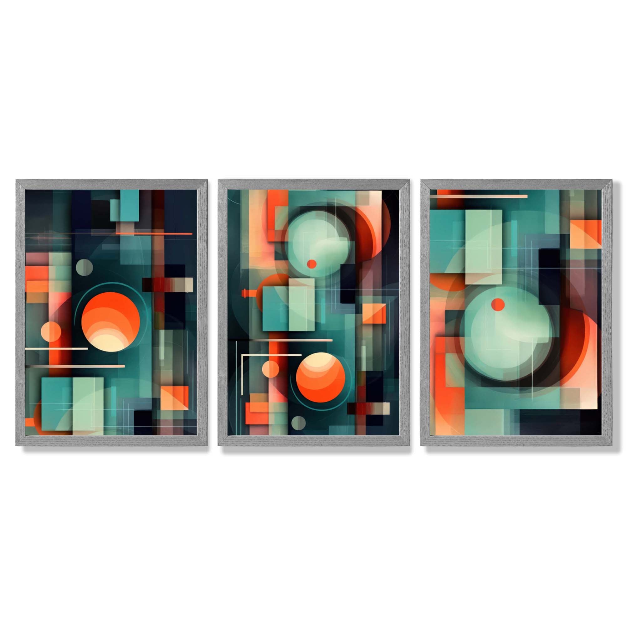 Abstract Cubism Green and Orange Set of 3 Framed Art Prints with Light Grey Wooden Frames