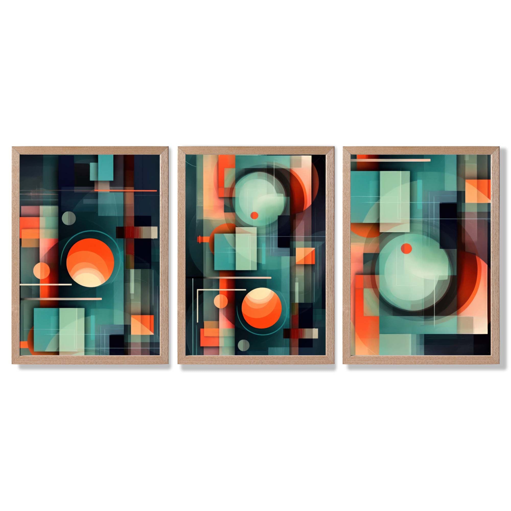 Abstract Cubism Green and Orange Set of 3 Framed Art Prints with Light Oak Frames