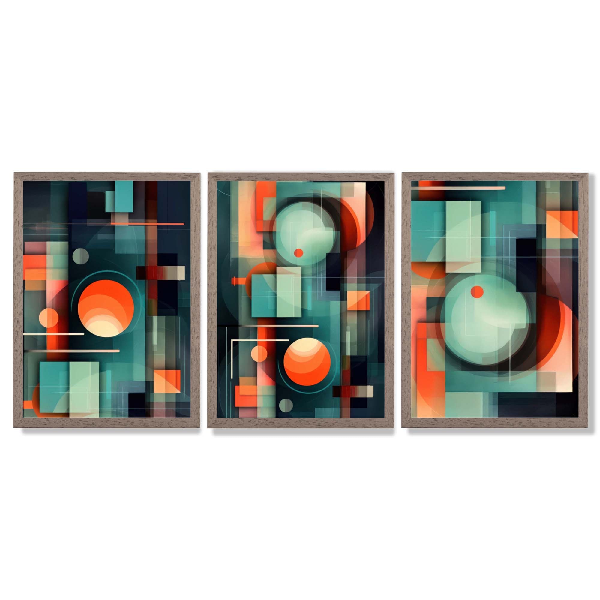 Abstract Cubism Green and Orange Set of 3 Framed Art Prints with Light Walnut Frames