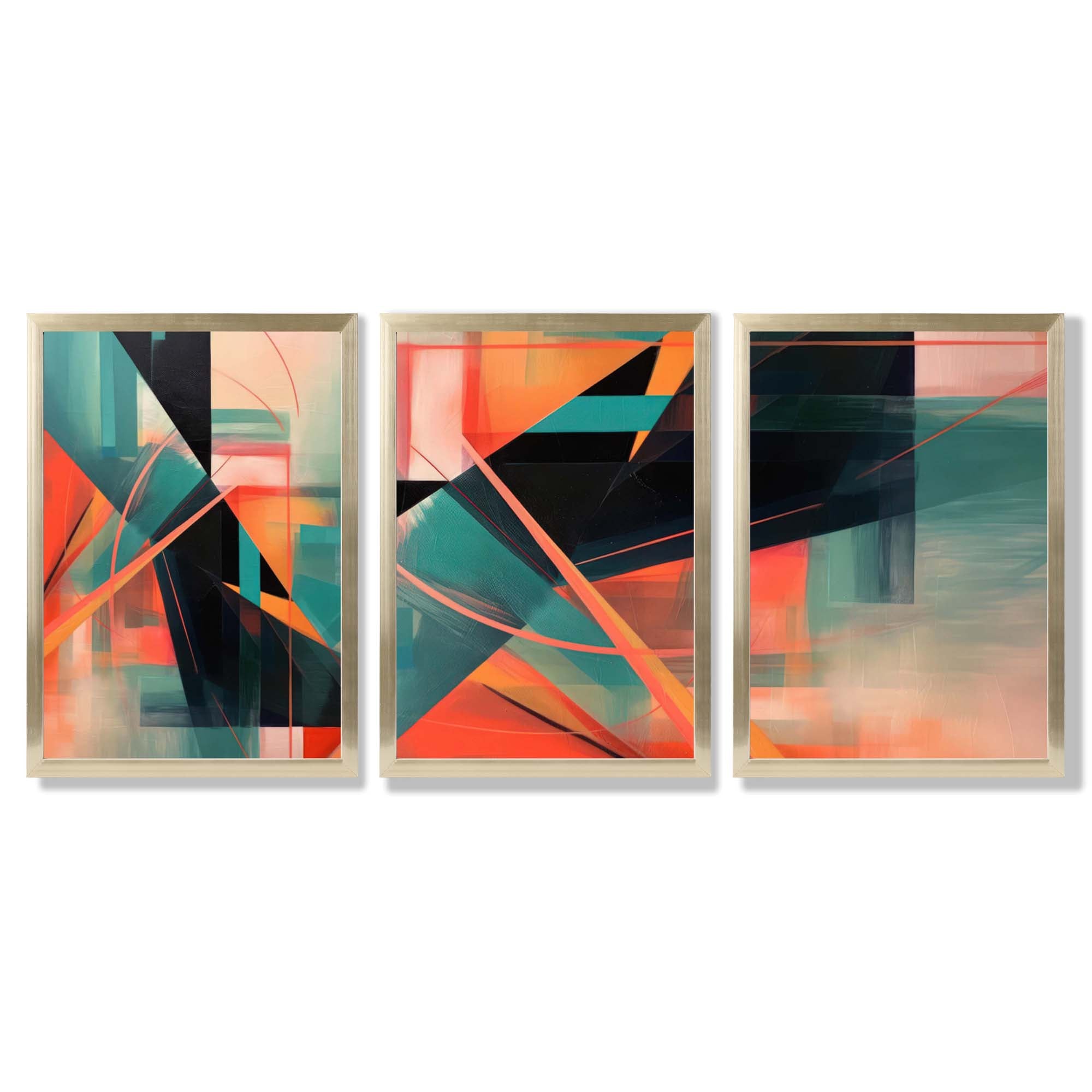 Abstract Geometric Teal and Orange Geometric Framed Art Prints with Gold Wood Frames