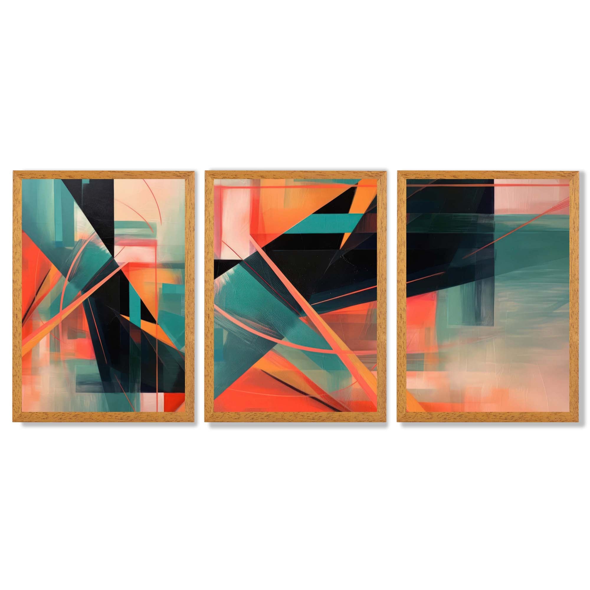 Abstract Geometric Teal and Orange Geometric Framed Art Prints with Oak Wooden Frames