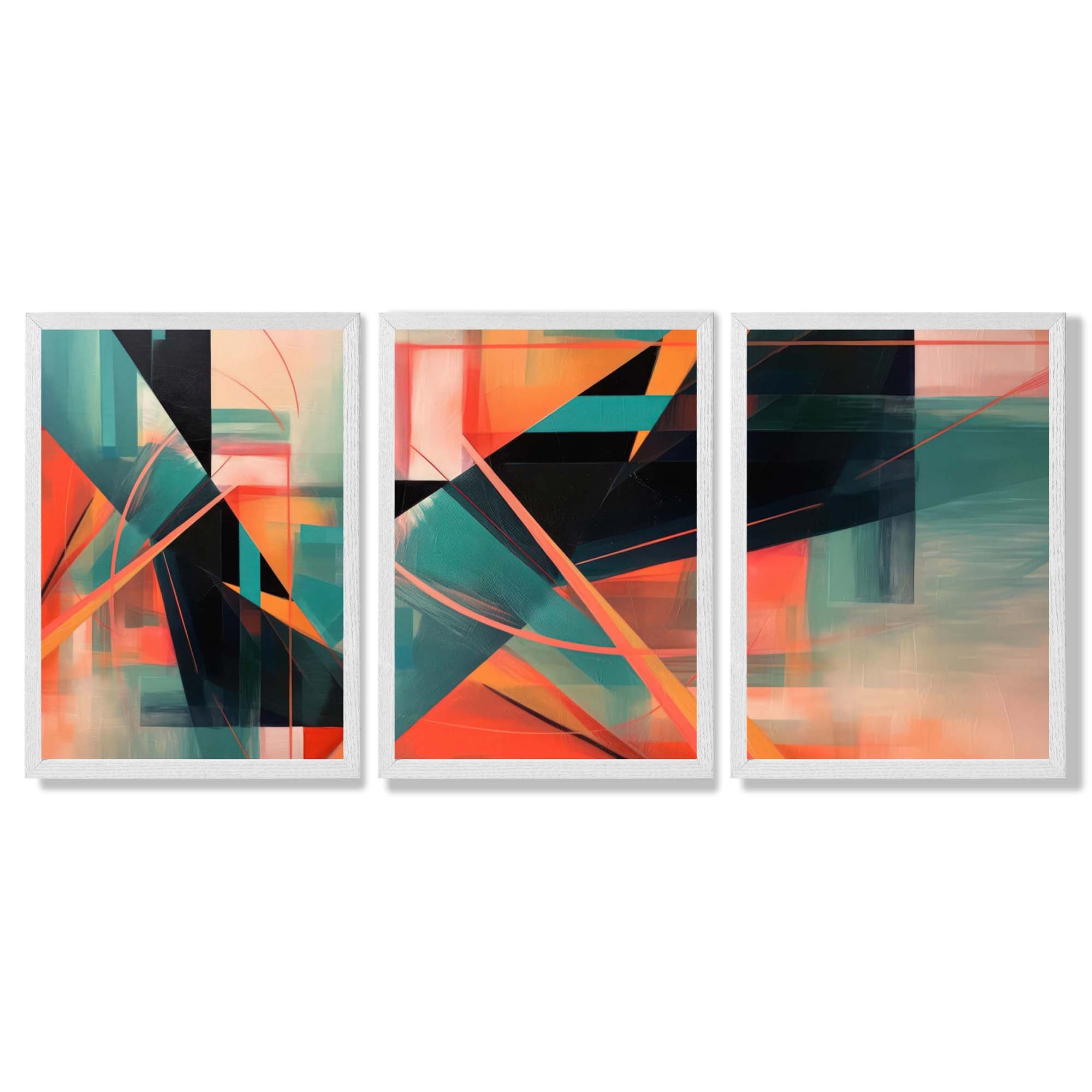 Abstract Geometric Teal and Orange Geometric Framed Art Prints with White Wooden Frames