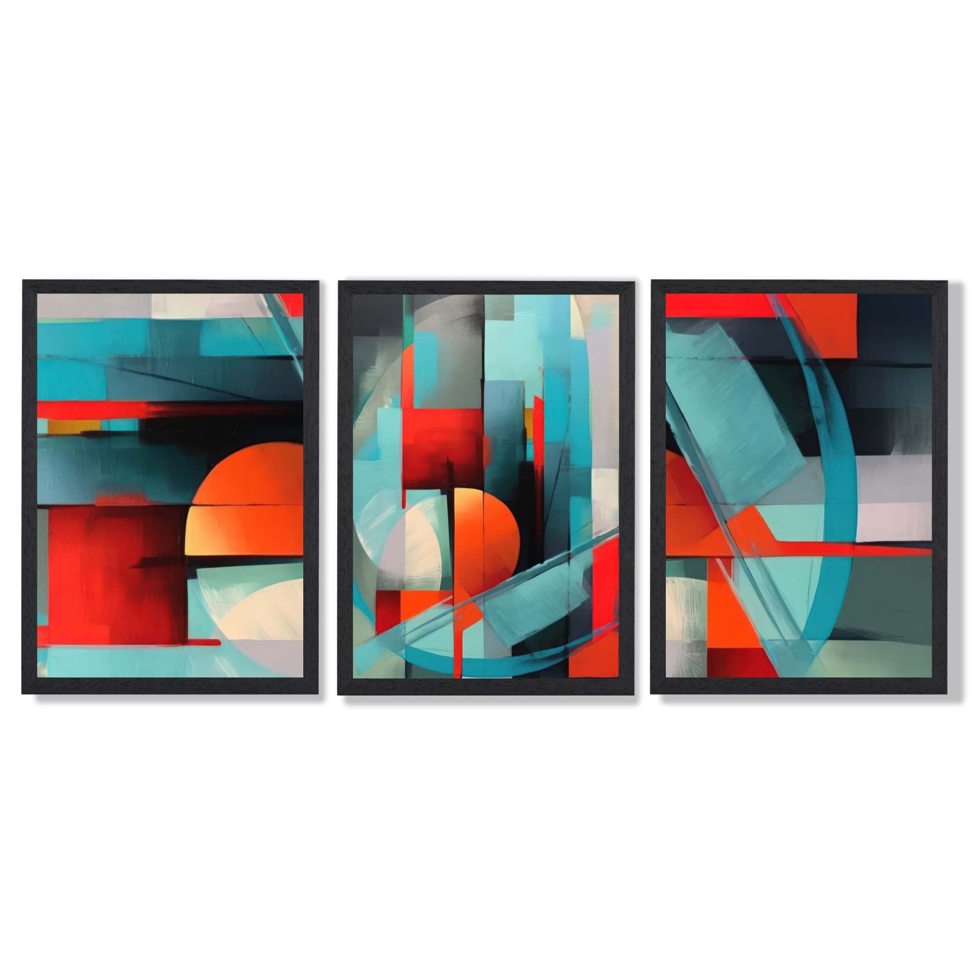 Abstract Modern Blue and Orange Geometric Framed Art Prints with Black Wooden Frames