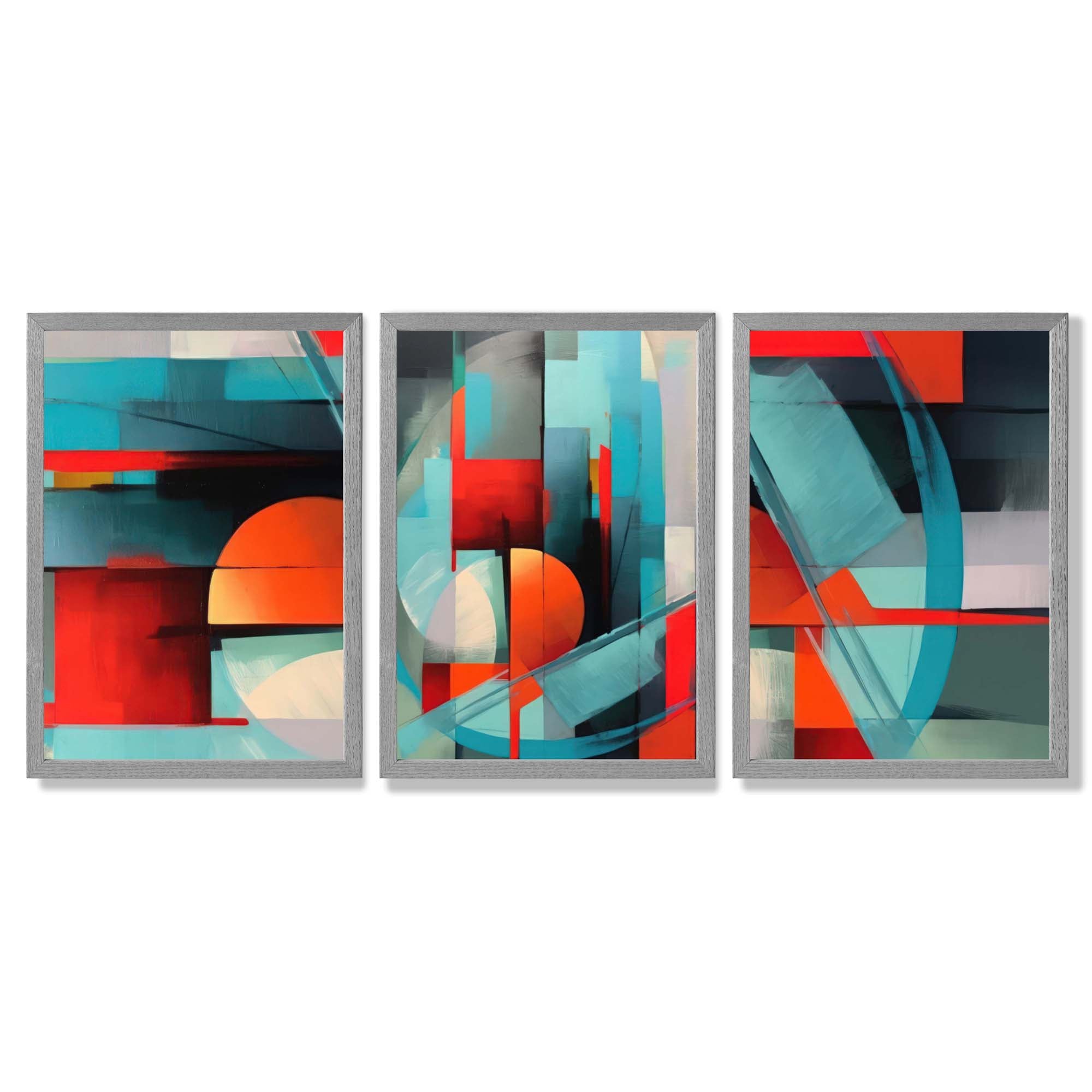 Abstract Modern Blue and Orange Geometric Framed Art Prints with Light Grey Wooden Frames