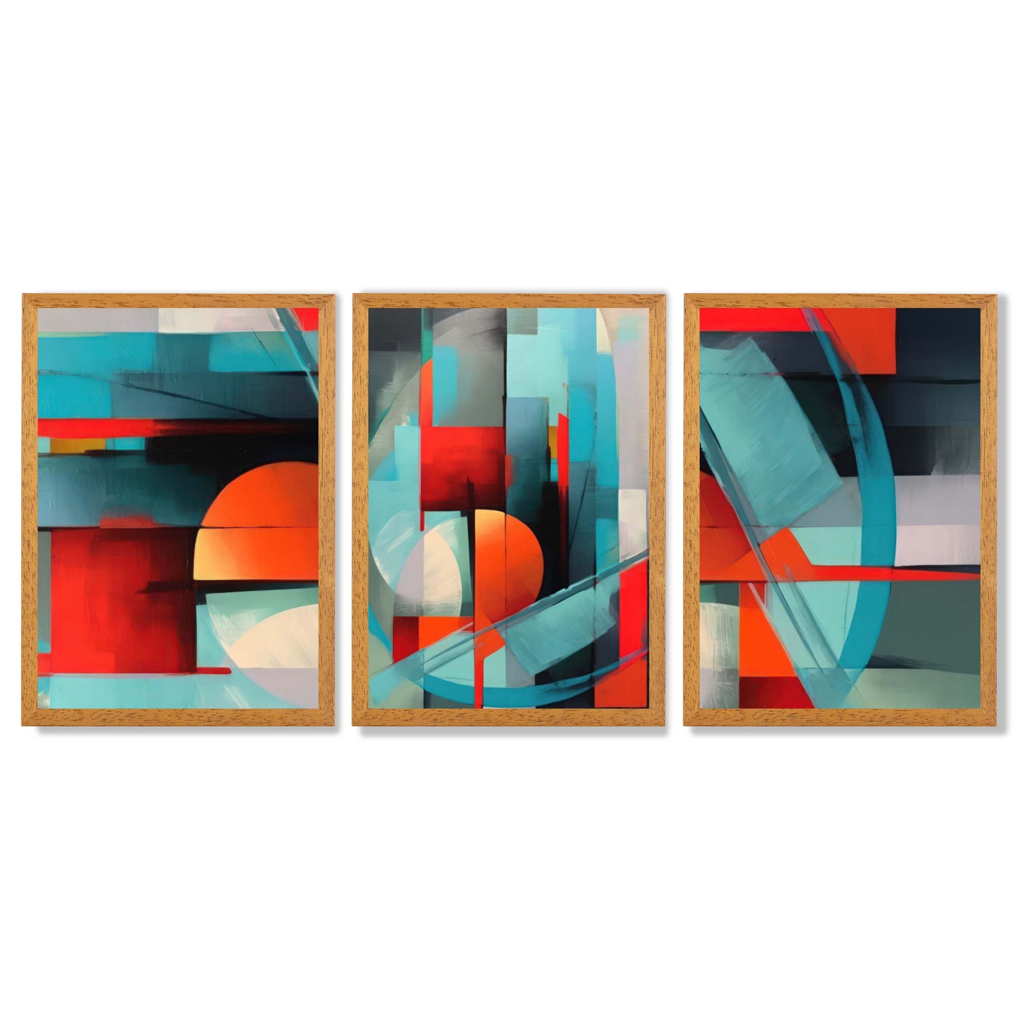 Abstract Modern Blue and Orange Geometric Framed Art Prints with Oak Wooden Frames