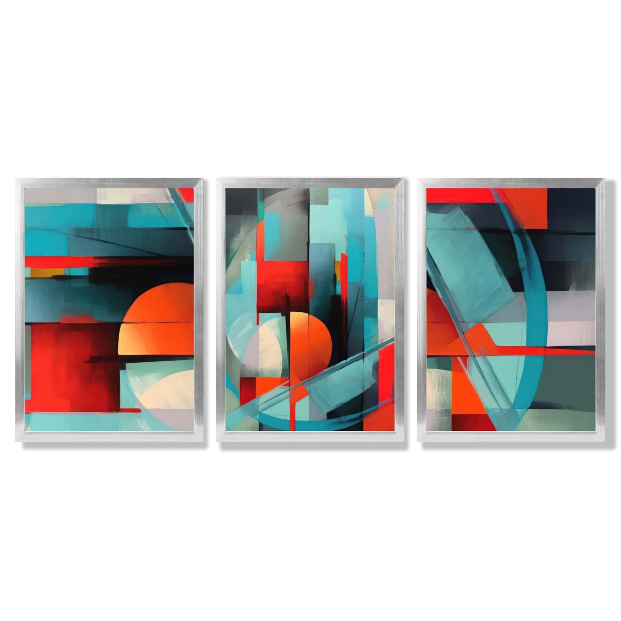 Abstract Modern Blue and Orange Geometric Framed Art Prints with Silver Wood Frames
