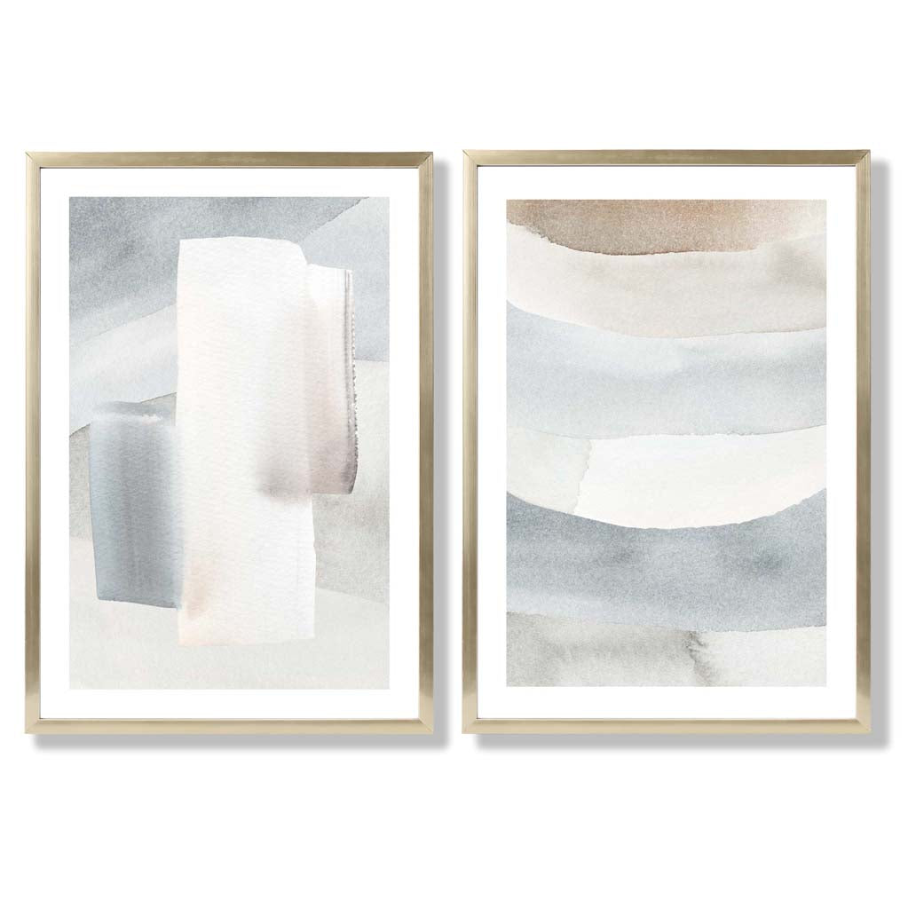 Pastel Blue and Beige Watercolour Set of 2 Art Prints with Gold Frame