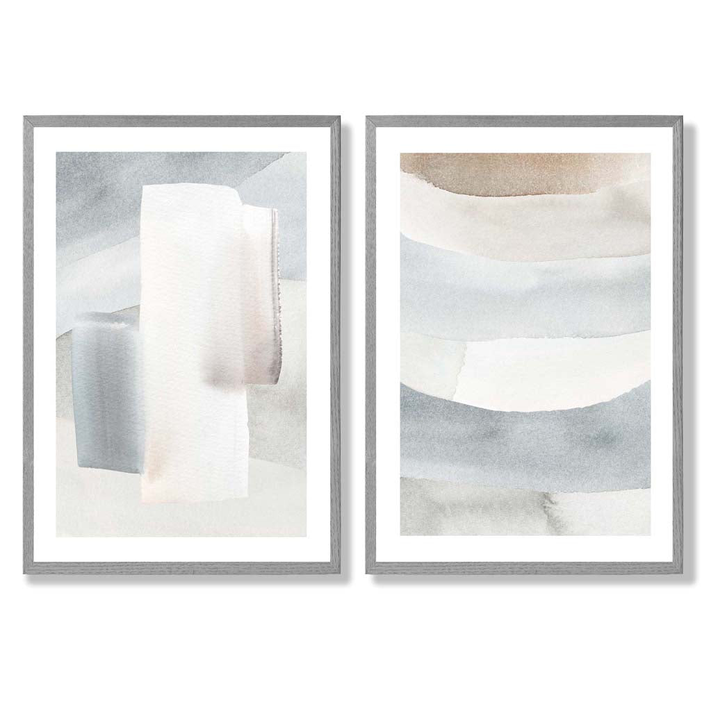 Pastel Blue and Beige Watercolour Set of 2 Art Prints with Light Grey Frame