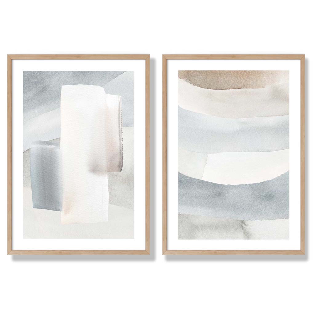Pastel Blue and Beige Watercolour Set of 2 Art Prints with Oak Frame
