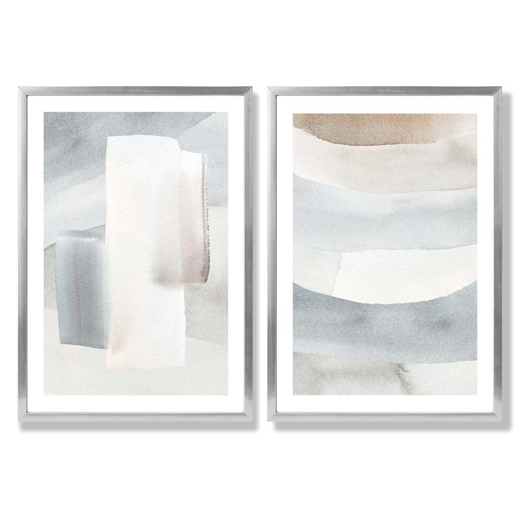 Pastel Blue and Beige Watercolour Set of 2 Art Prints with Silver Frame