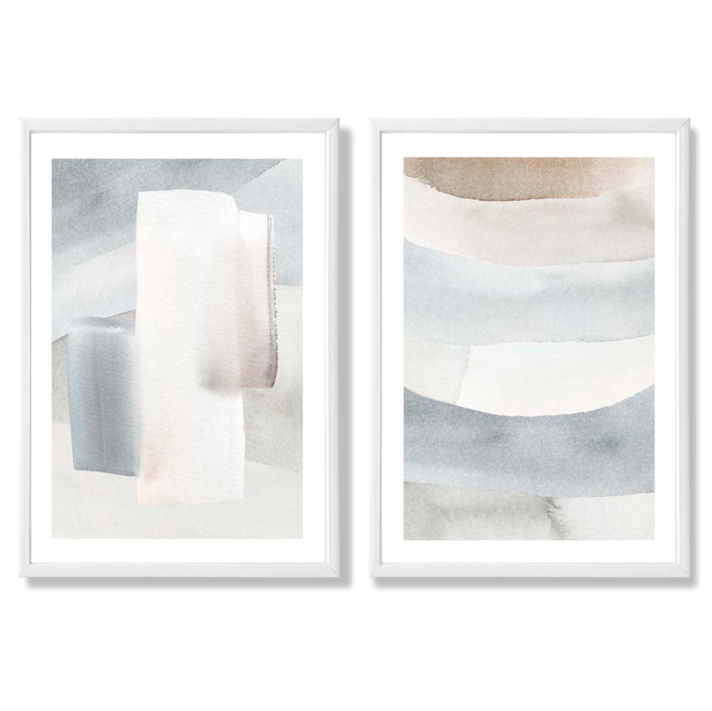 Pastel Blue and Beige Watercolour Set of 2 Art Prints with White Frame