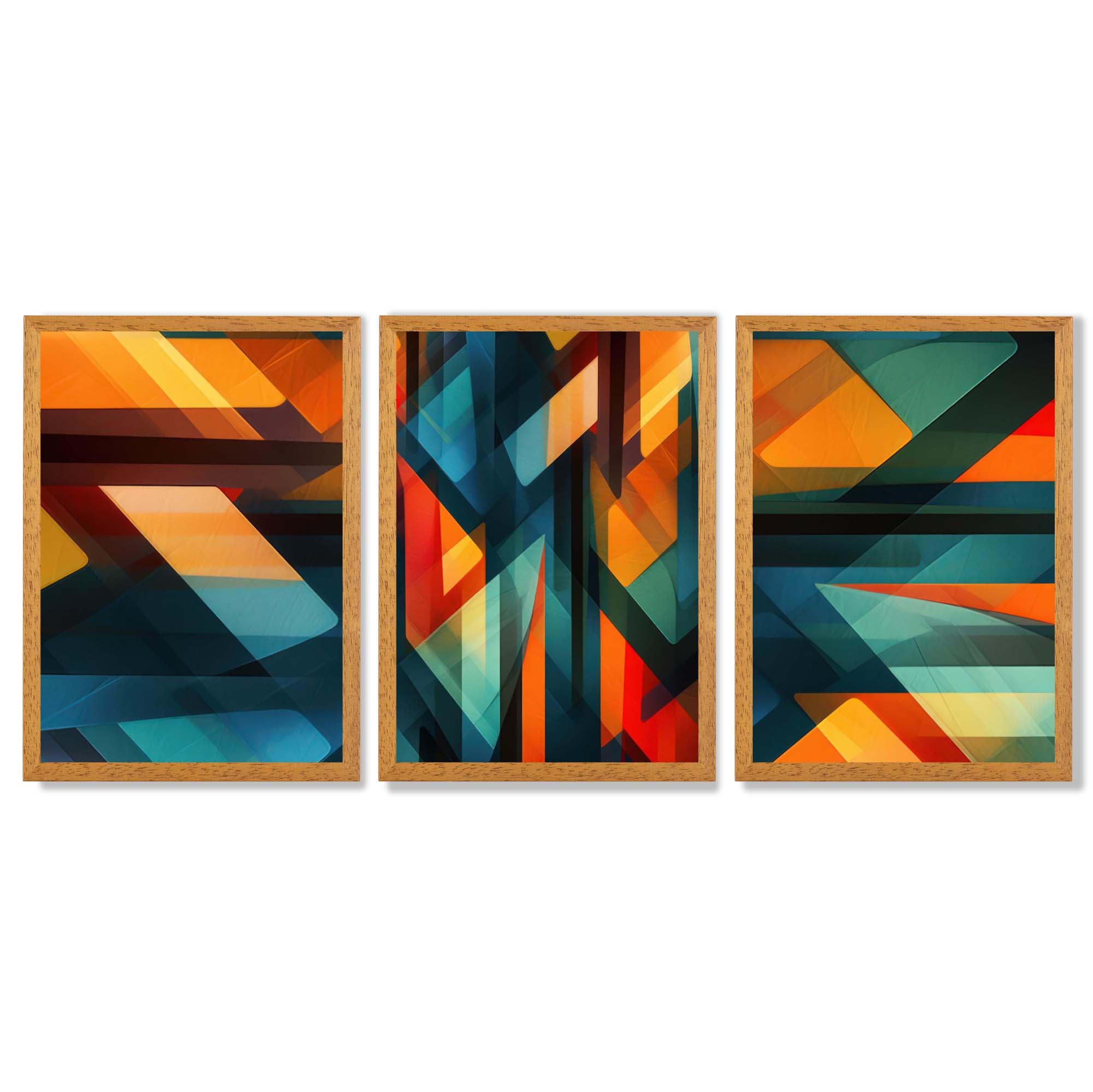 Abstract Modern Rainbow Geometric Set of 3 Framed Art Prints with Oak Wooden Frames