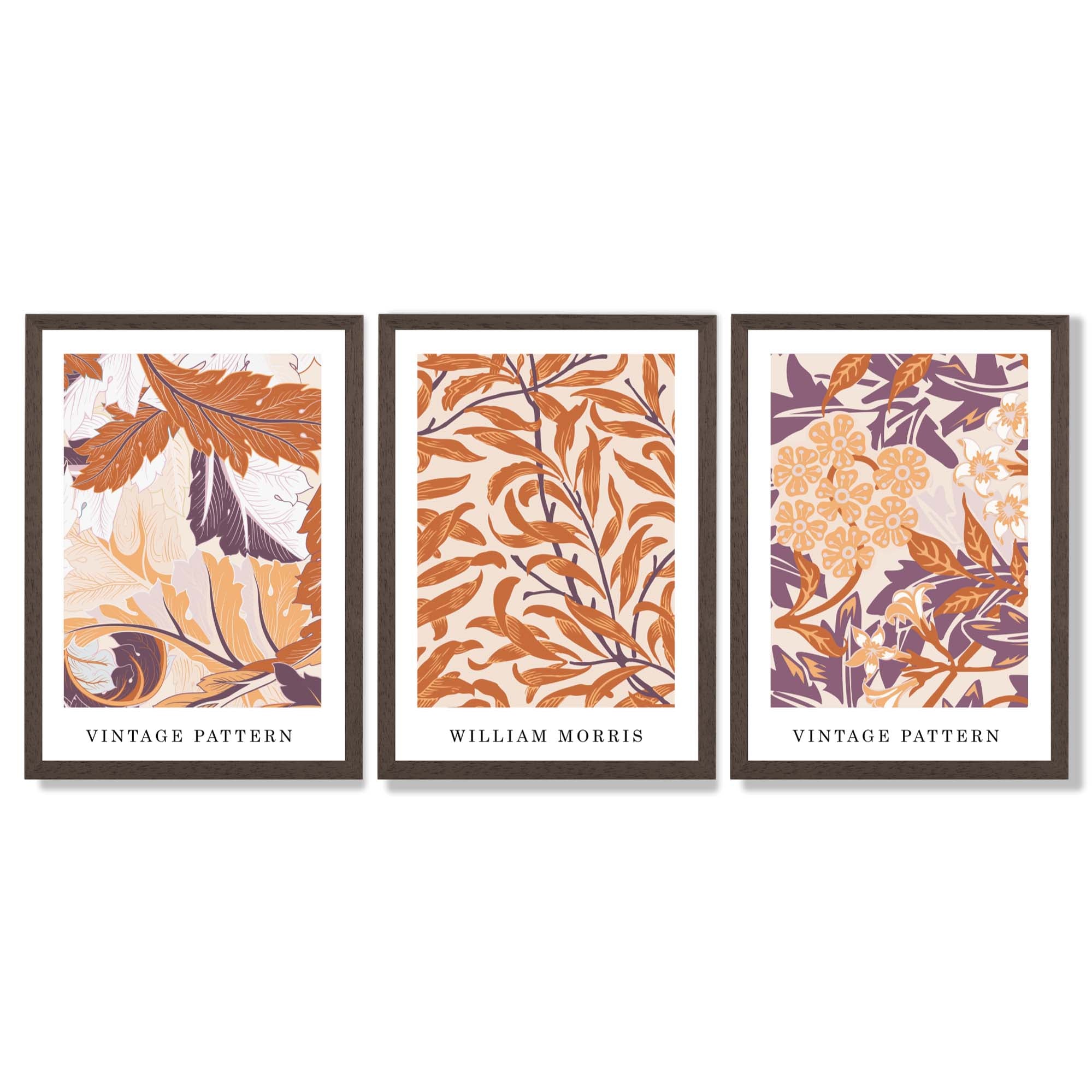 Set of 3 Orange and Purple Floral William Morris Framed Art Prints with Dark Wood Frames
