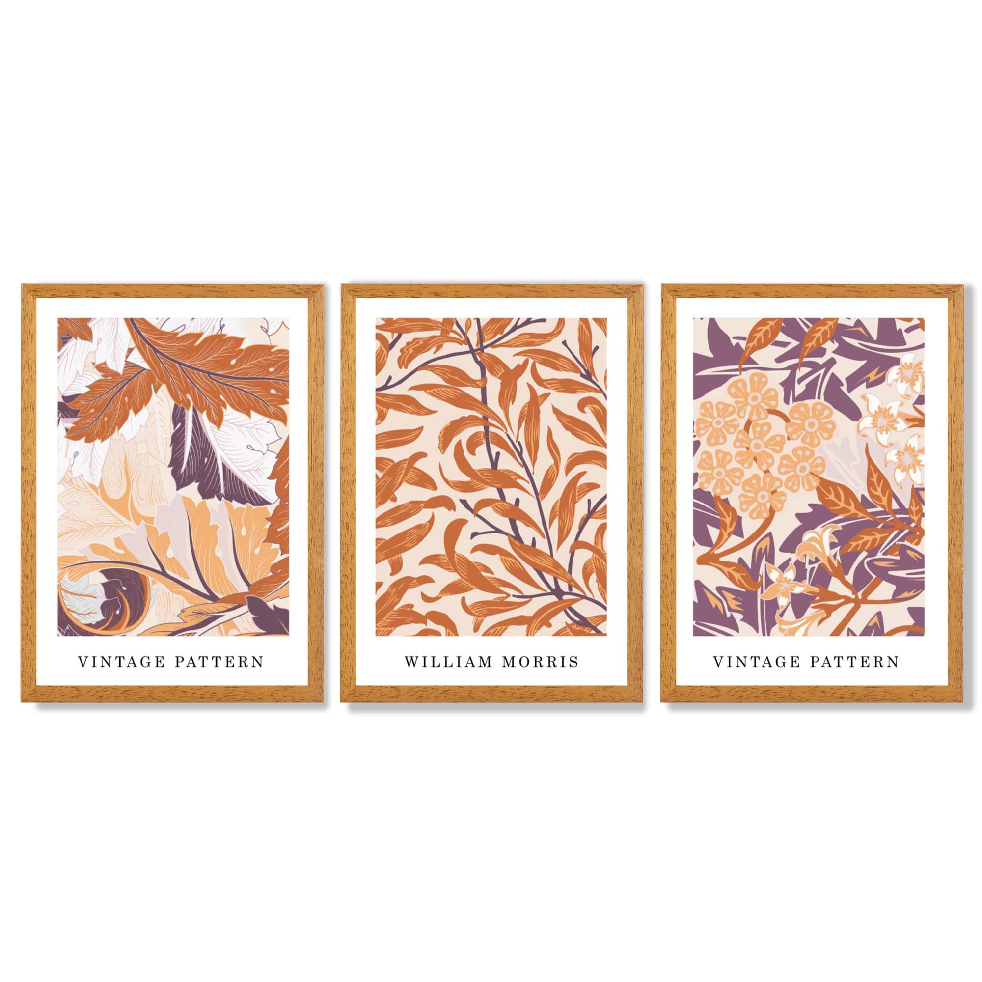 Set of 3 Orange and Purple Floral William Morris Framed Art Prints with Oak Wooden Frames
