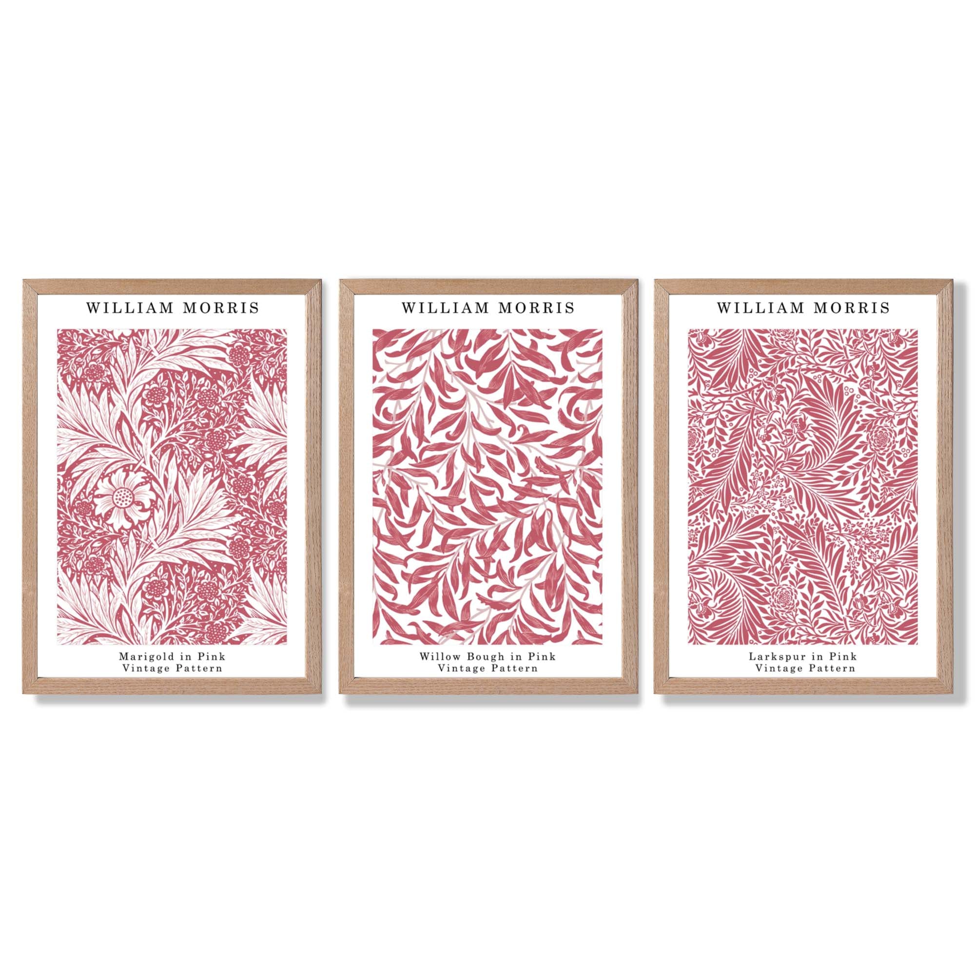 Set of 3 Raspberry Pink Floral William Morris Framed Art Prints with Light Oak Frames