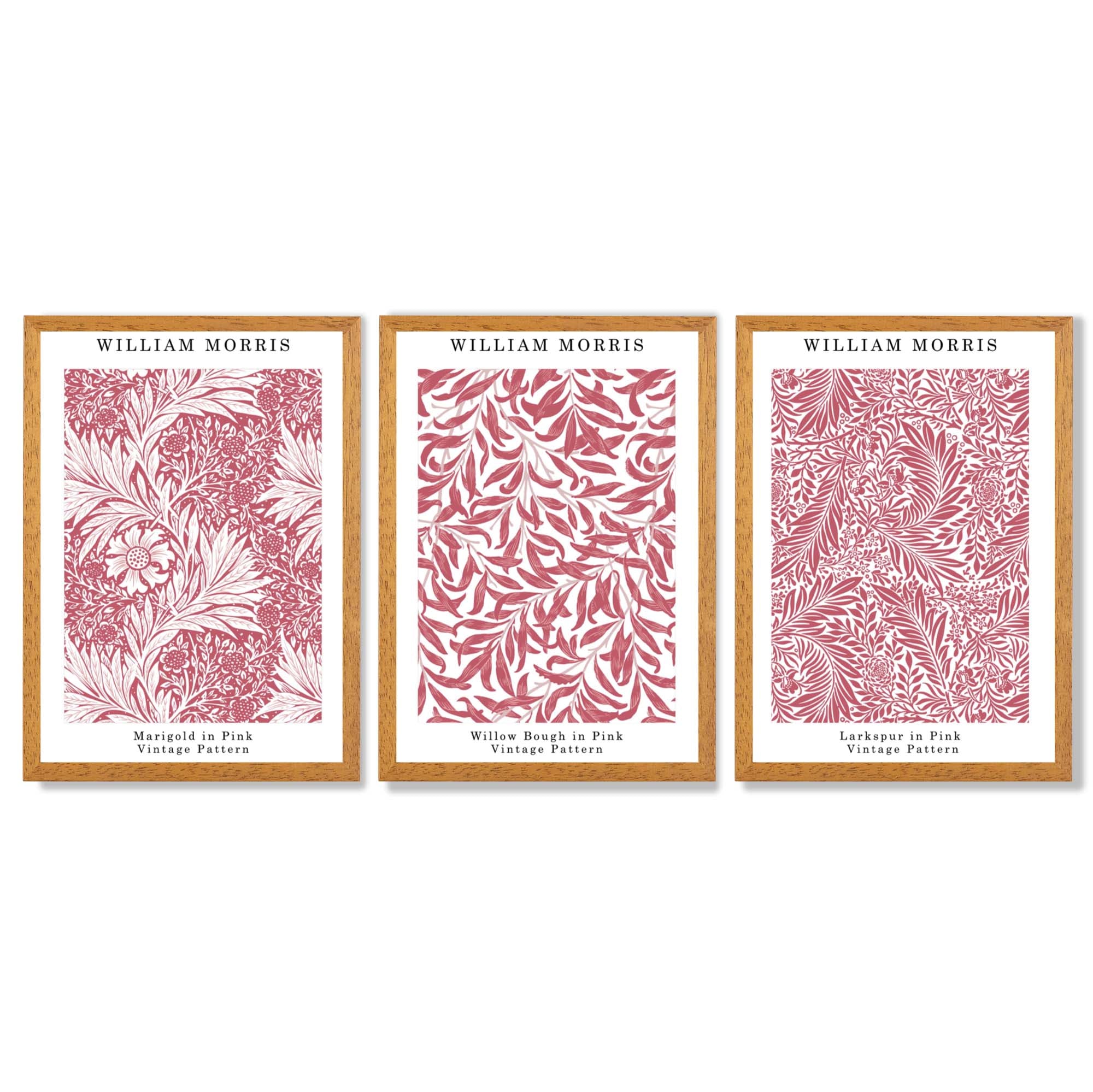 Set of 3 Raspberry Pink Floral William Morris Framed Art Prints with Oak Wooden Frames