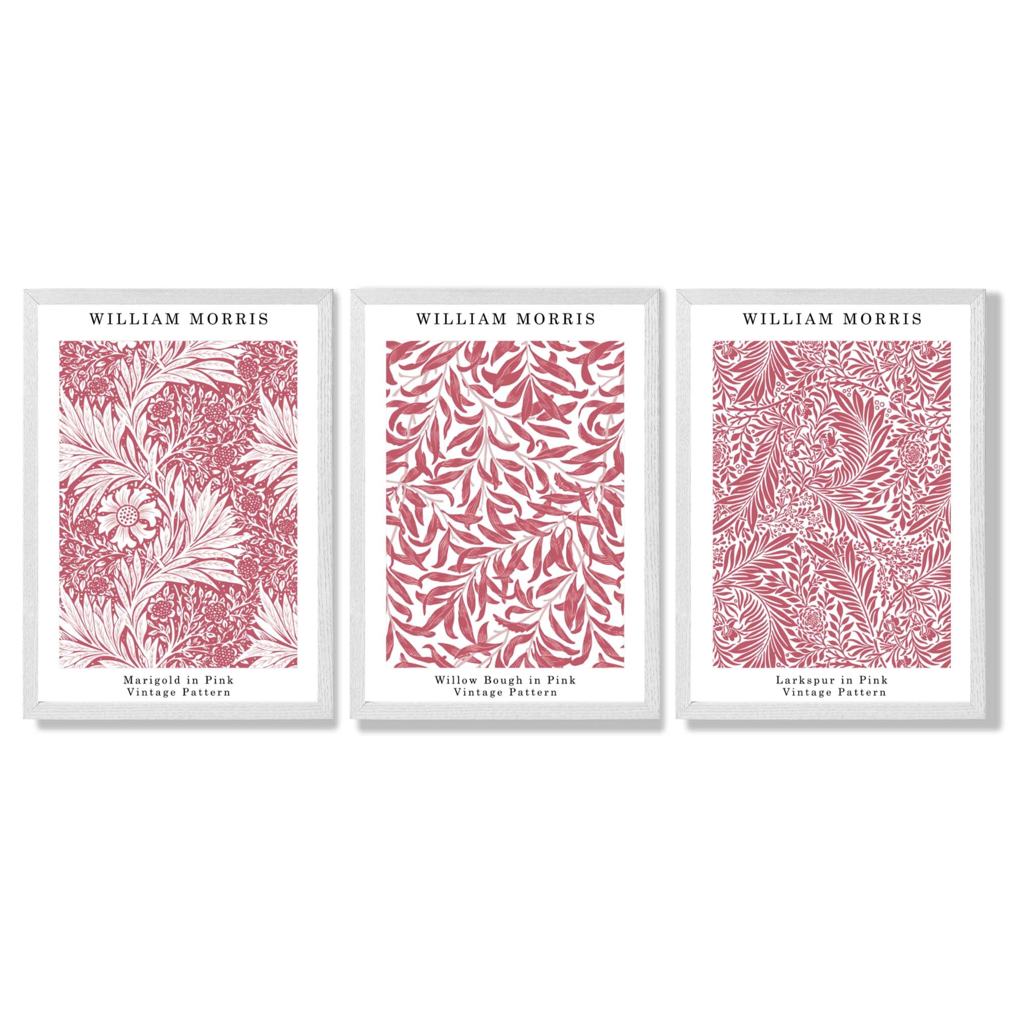 Set of 3 Raspberry Pink Floral William Morris Framed Art Prints with White Wooden Frames