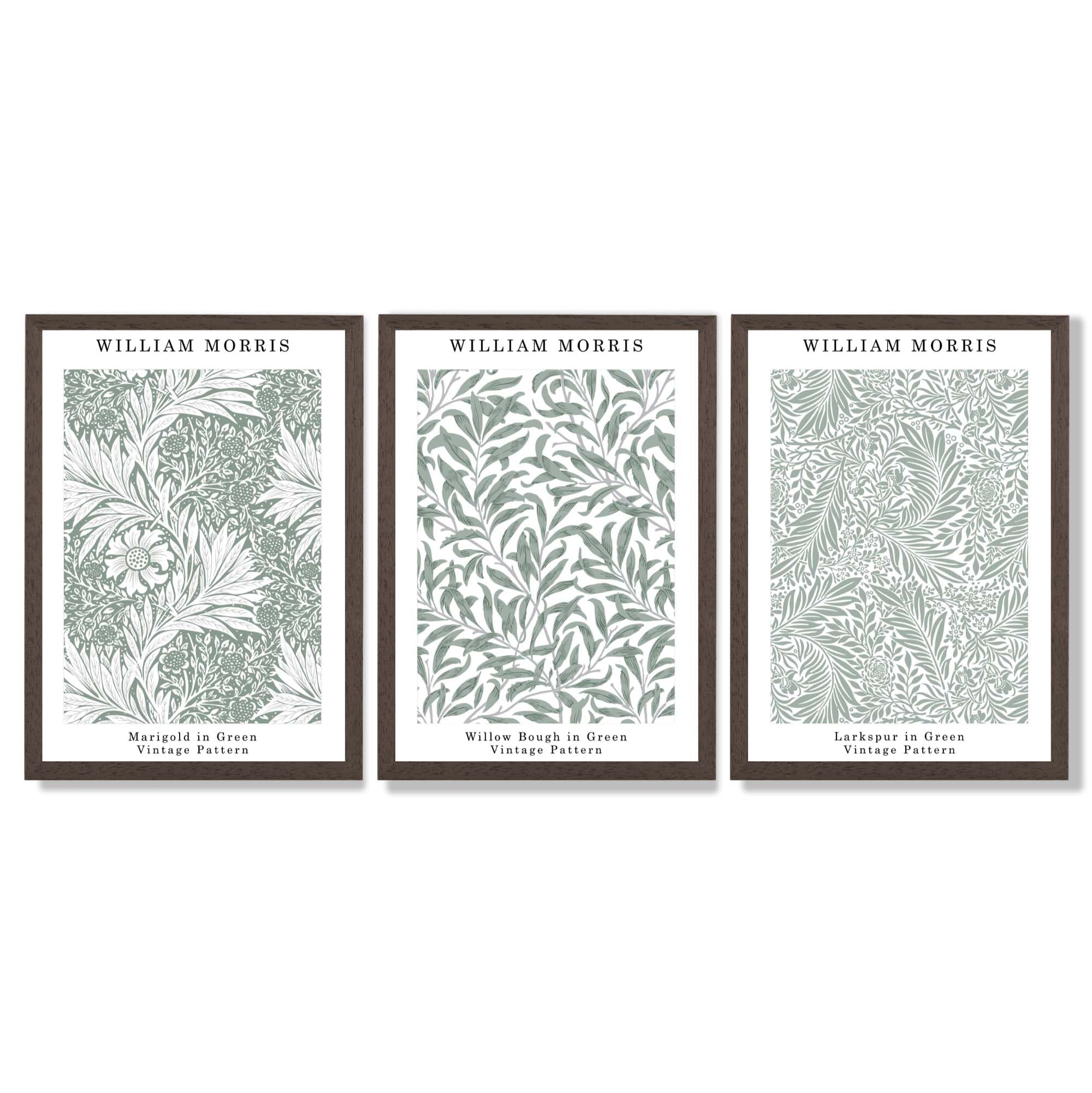 Set of 3 Sage Green Floral William Morris Framed Art Prints with Dark Wood Frames