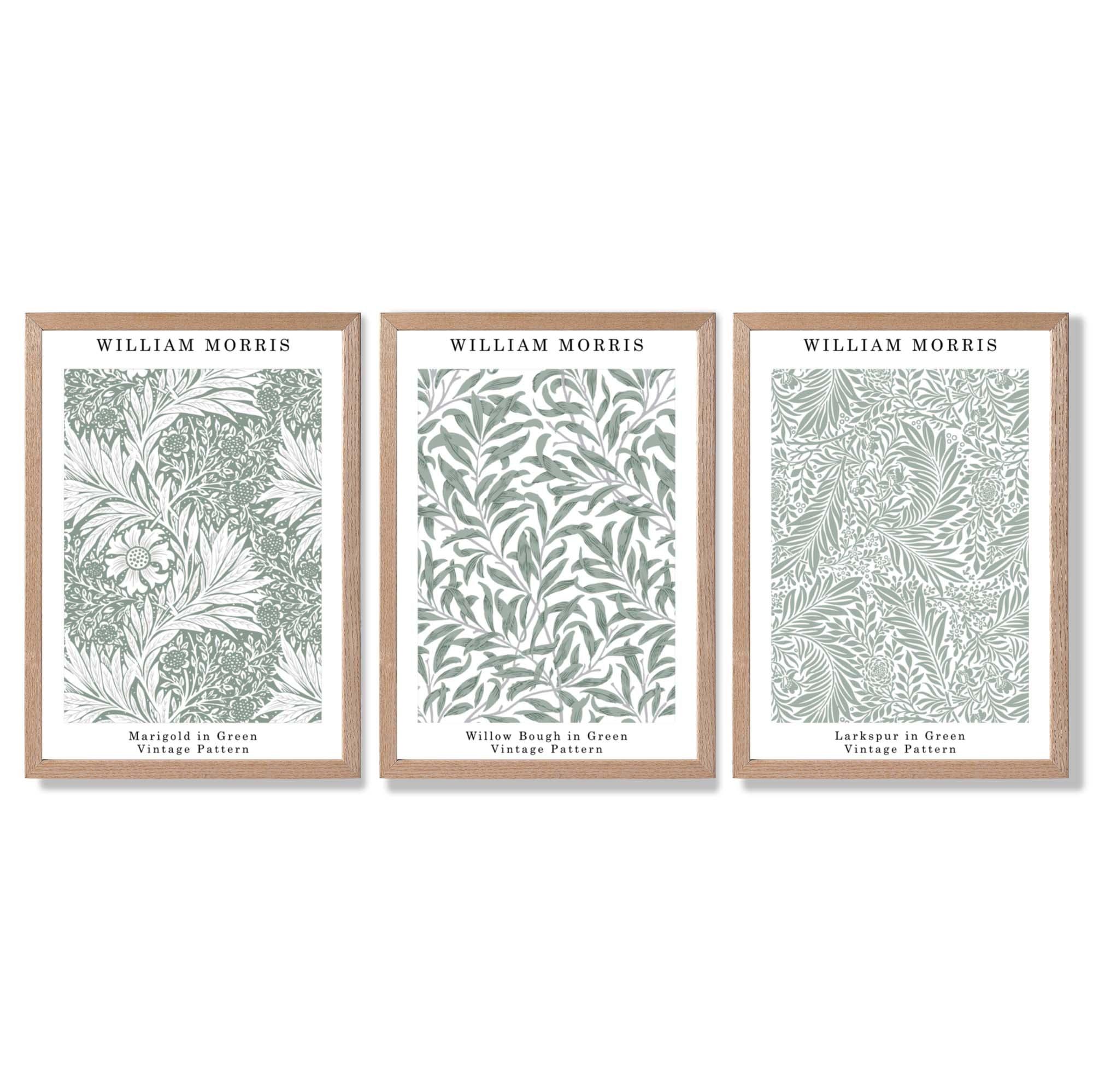 Set of 3 Sage Green Floral William Morris Framed Art Prints with Light Oak Frames
