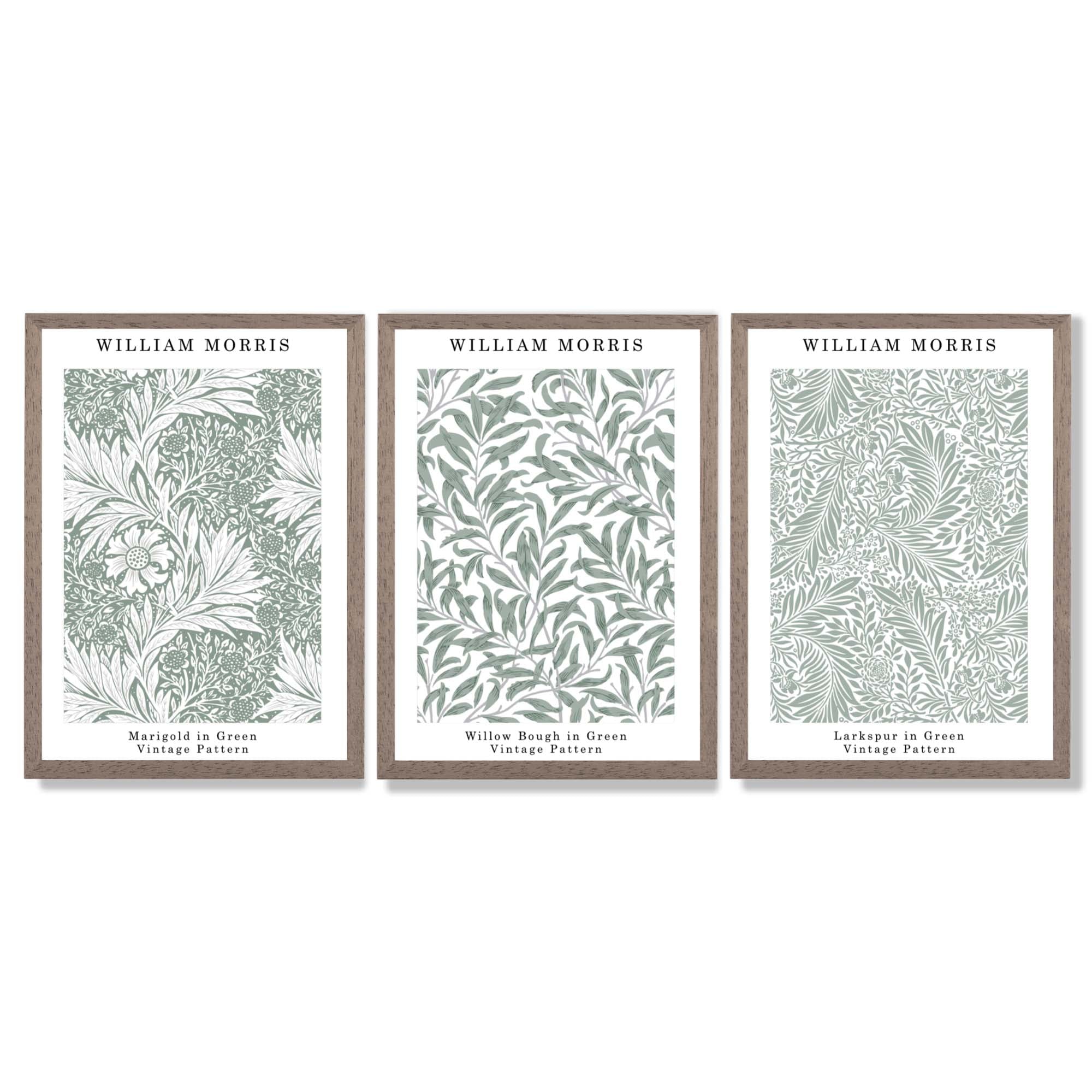 Set of 3 Sage Green Floral William Morris Framed Art Prints with Light Walnut Frames