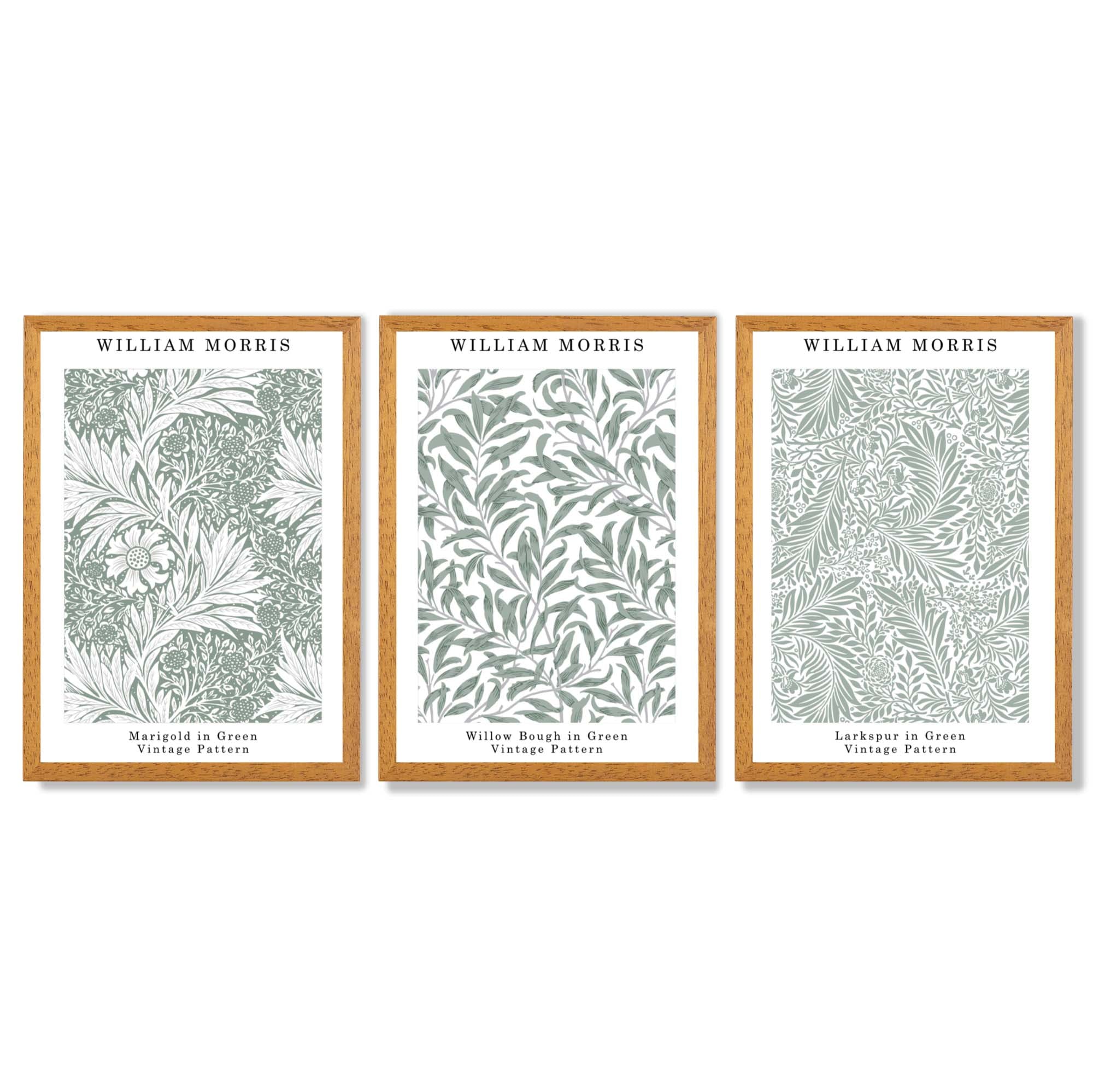 Set of 3 Sage Green Floral William Morris Framed Art Prints with Oak Wooden Frames