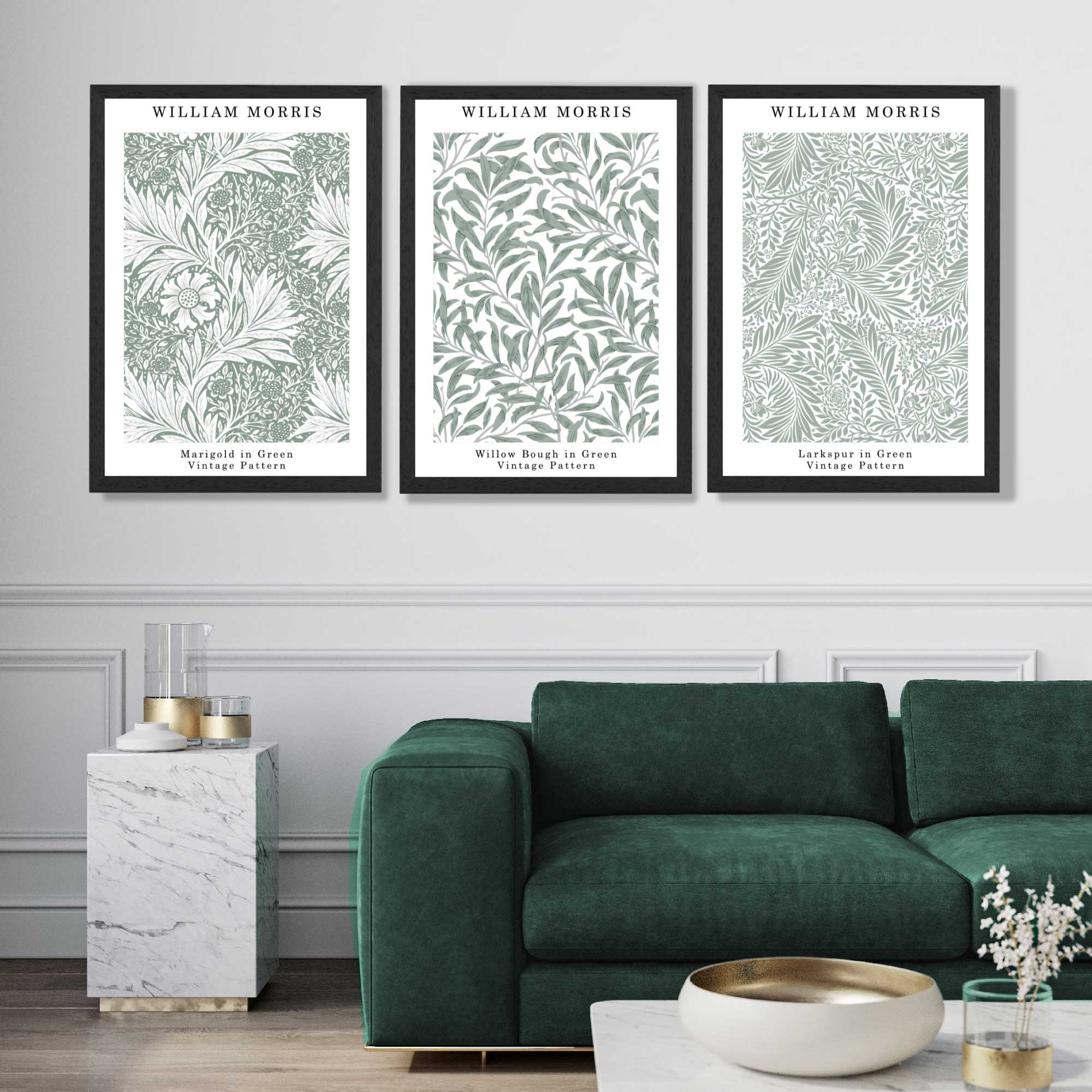 Set of 3 Sage Green Floral William Morris Art Prints in Black Frames | Artze UK