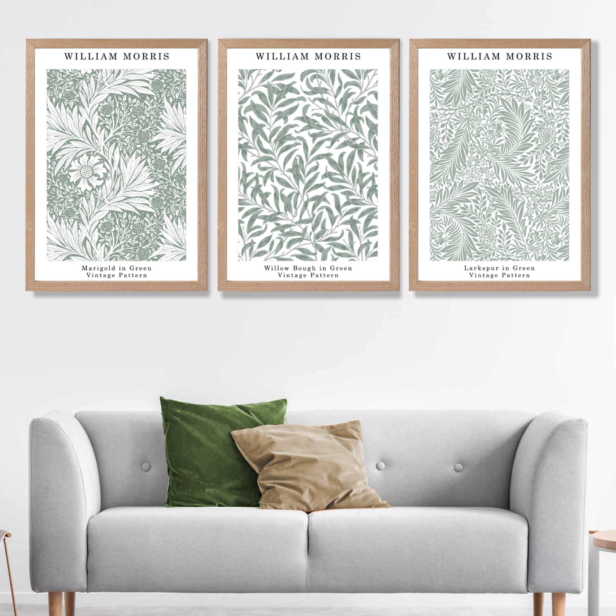 Set of 3 Sage Green Floral William Morris Art Prints in Oak Frames | Artze UK