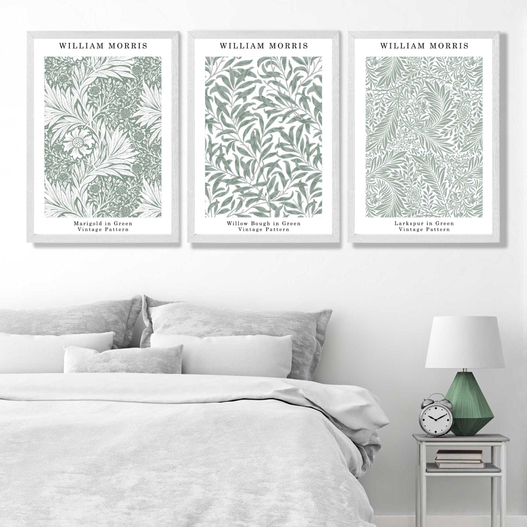Set of 3 Sage Green Floral William Morris Art Prints in White Frames | Artze UK