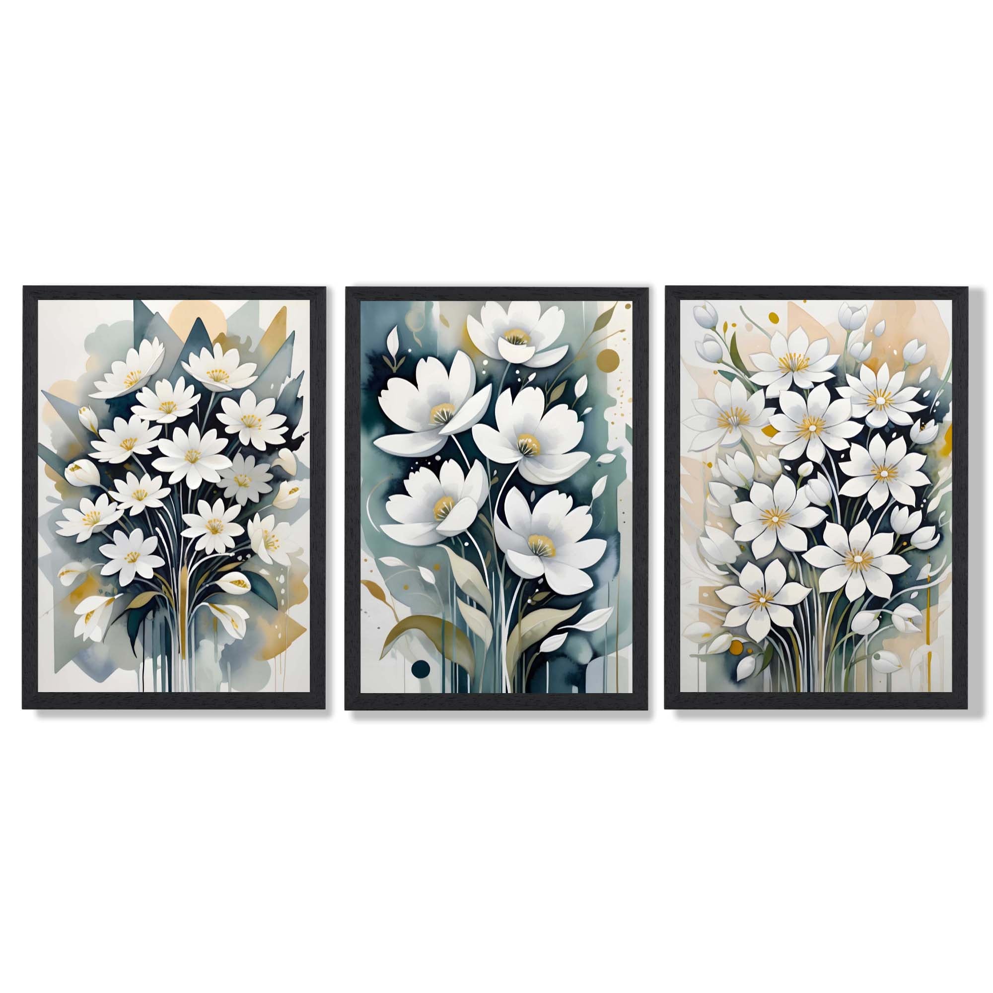 Abstract Teal Blue and White Flowers Set of 3 Framed Art Prints with Black Wooden Frames