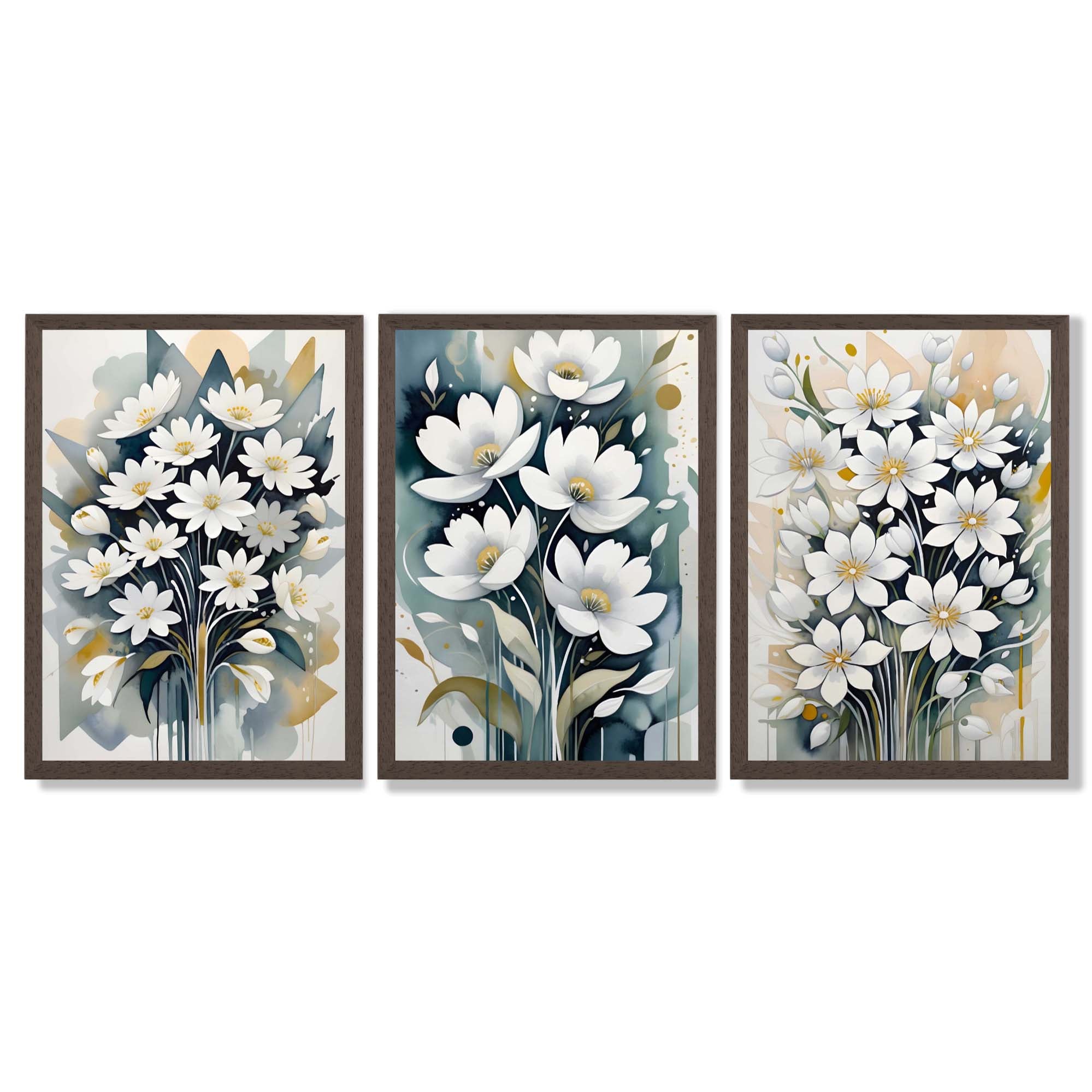 Abstract Teal Blue and White Flowers Set of 3 Framed Art Prints with Dark Wood Frames