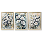 Abstract Teal Blue and White Flowers Set of 3 Framed Art Prints with Gold Wood Frames