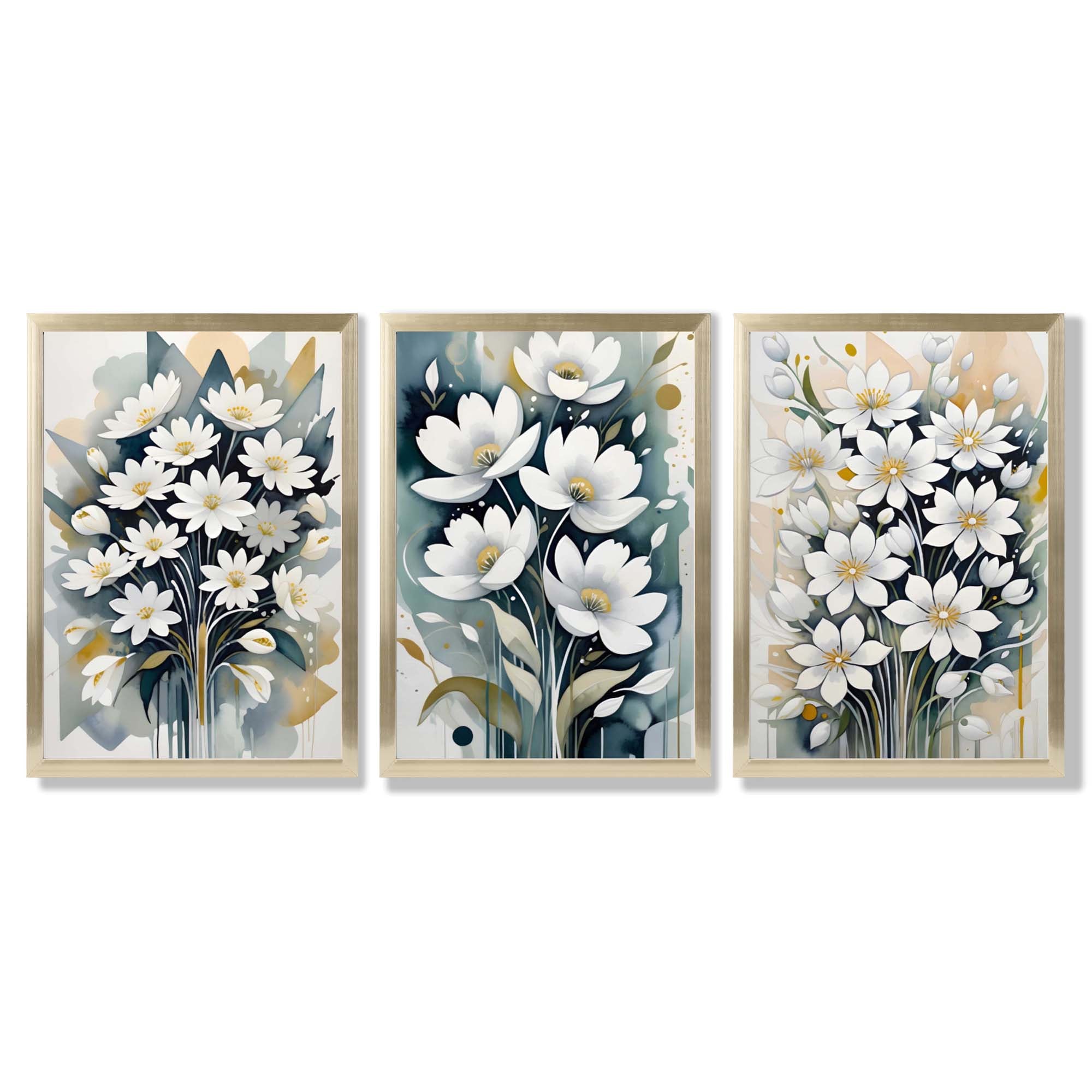 Abstract Teal Blue and White Flowers Set of 3 Framed Art Prints with Gold Wood Frames