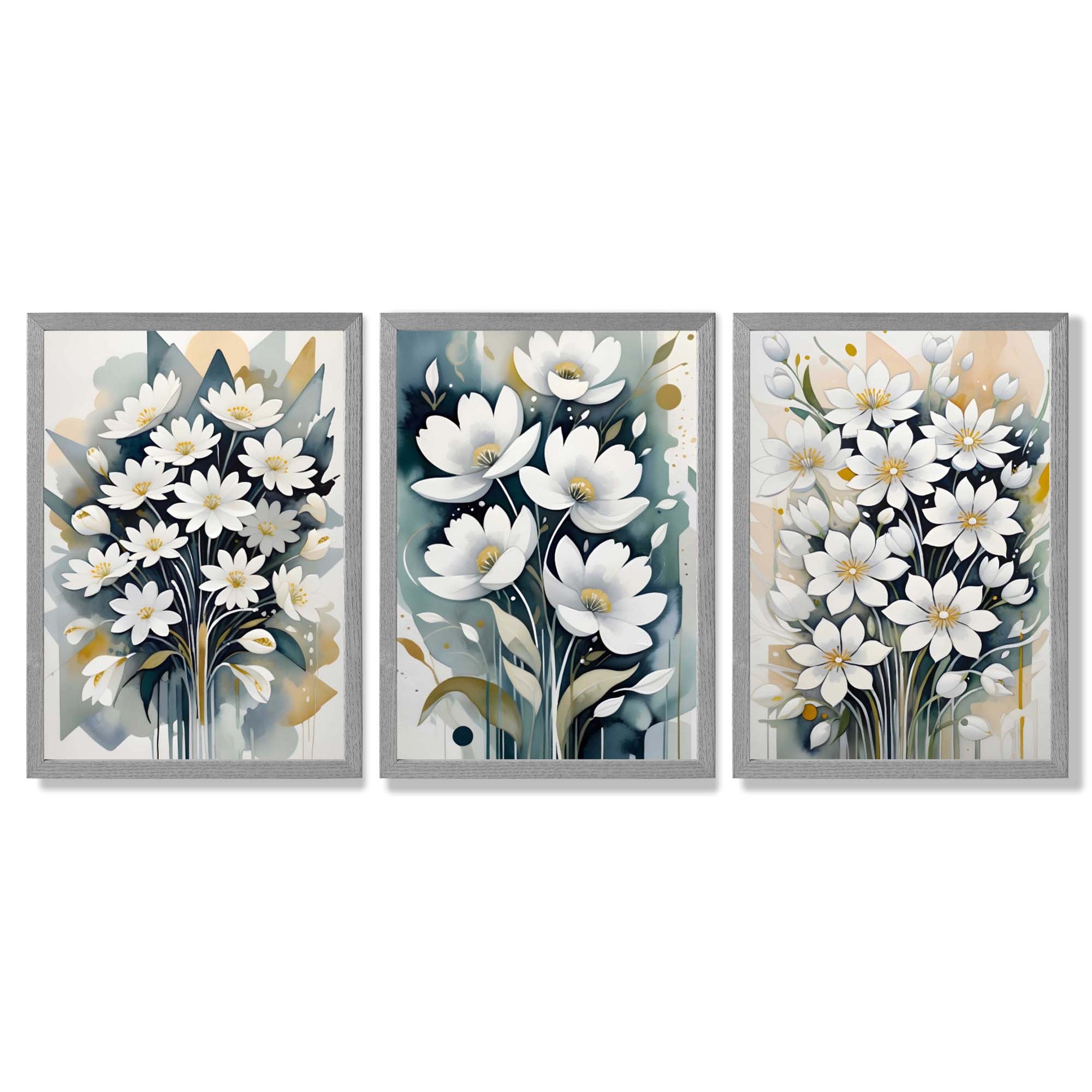 Abstract Teal Blue and White Flowers Set of 3 Framed Art Prints with Light Grey Wooden Frames
