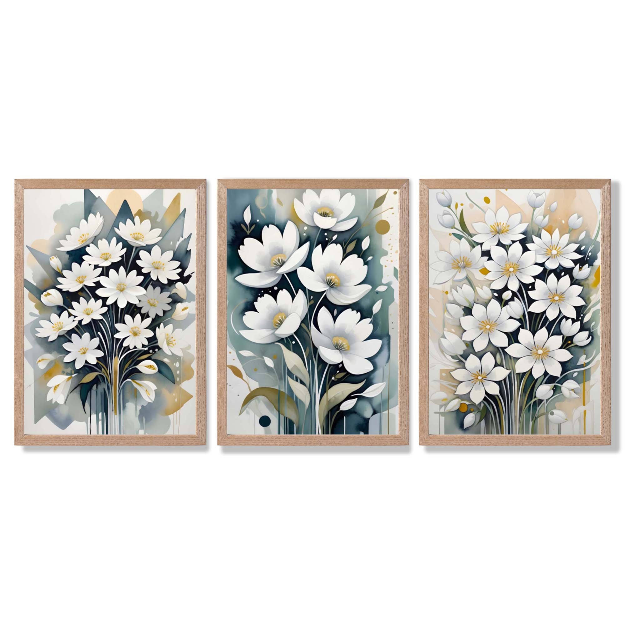 Abstract Teal Blue and White Flowers Set of 3 Framed Art Prints with Light Oak Frames