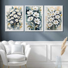 Abstract Teal Blue and White Flowers Set of 3 Art Prints in White Frames | Artze UK