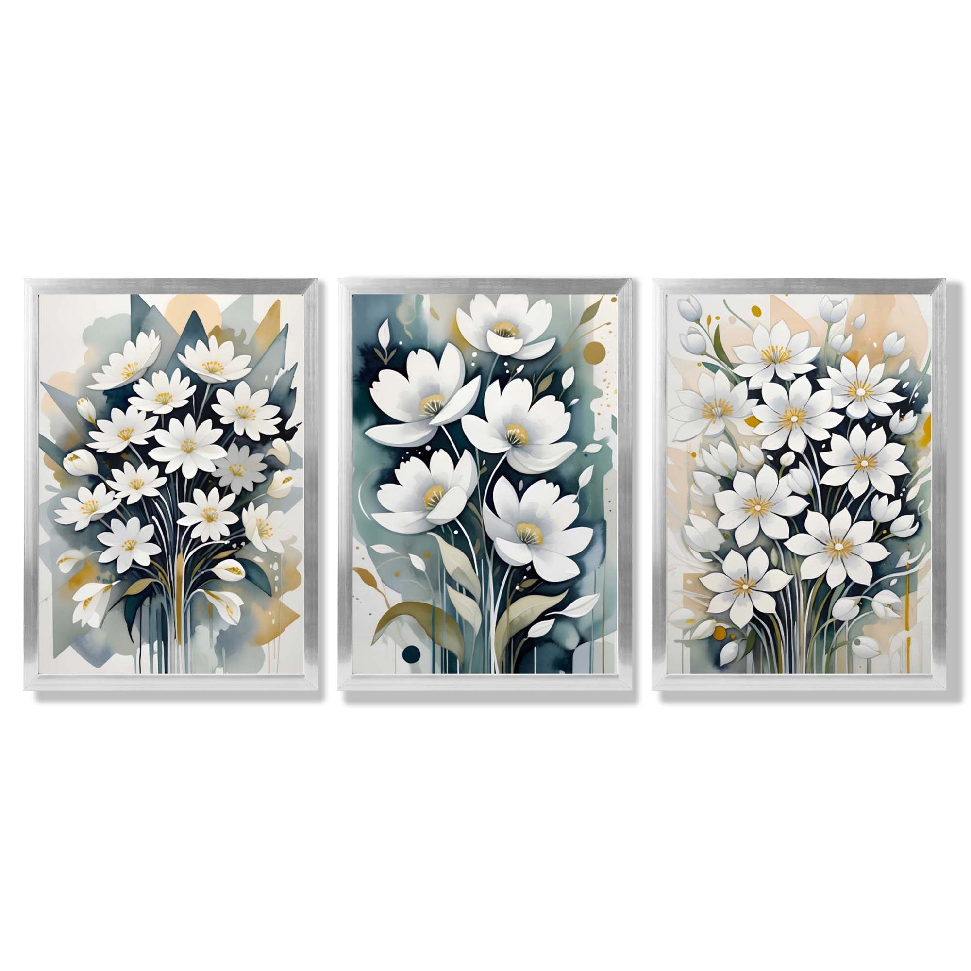 Abstract Teal Blue and White Flowers Set of 3 Framed Art Prints with Silver Wood Frames