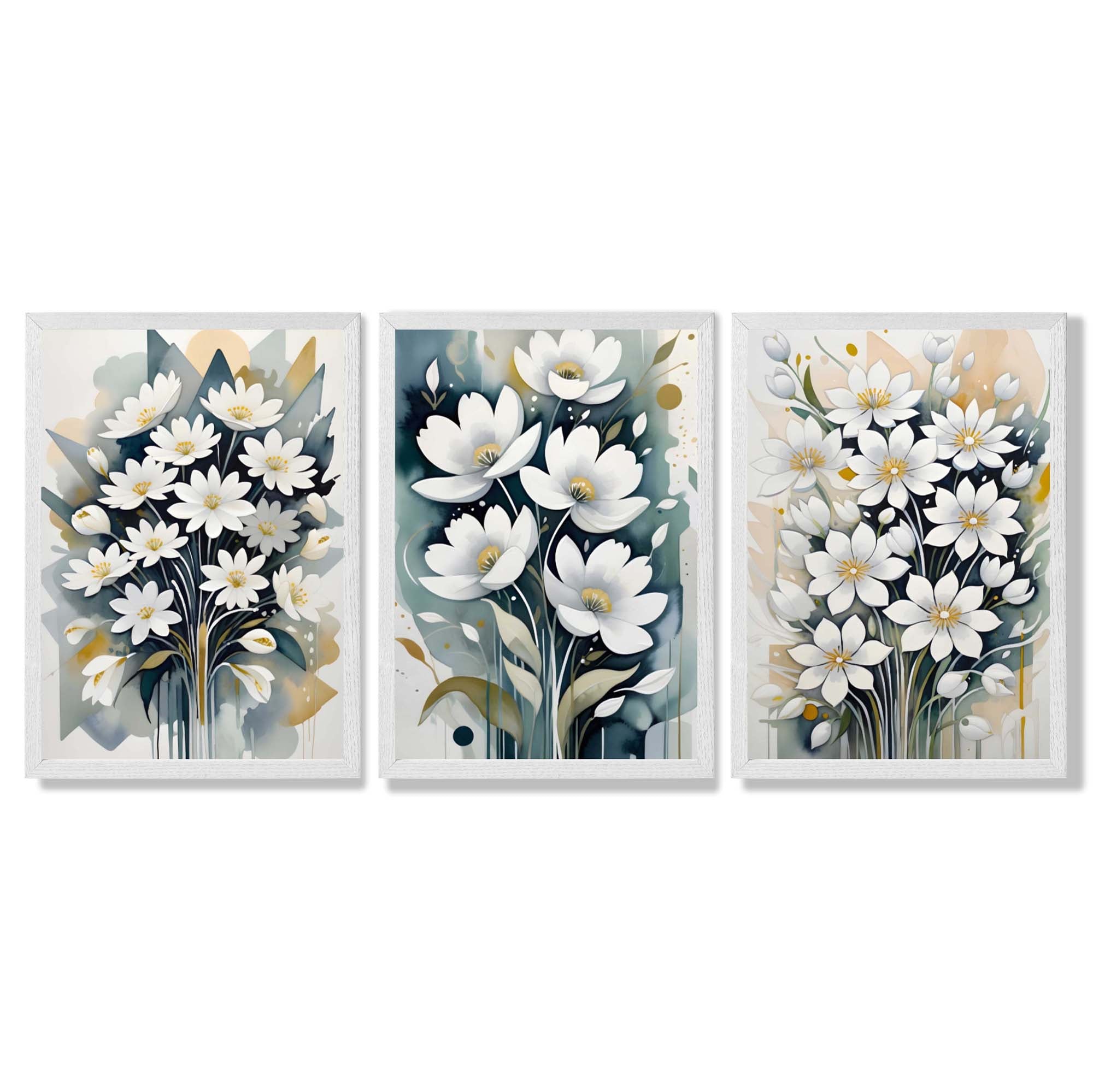 Abstract Teal Blue and White Flowers Set of 3 Framed Art Prints with White Wooden Frames