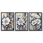 Abstract Dark Blue and White Flowers Set of 3 Framed Art Prints with Black Wooden Frames