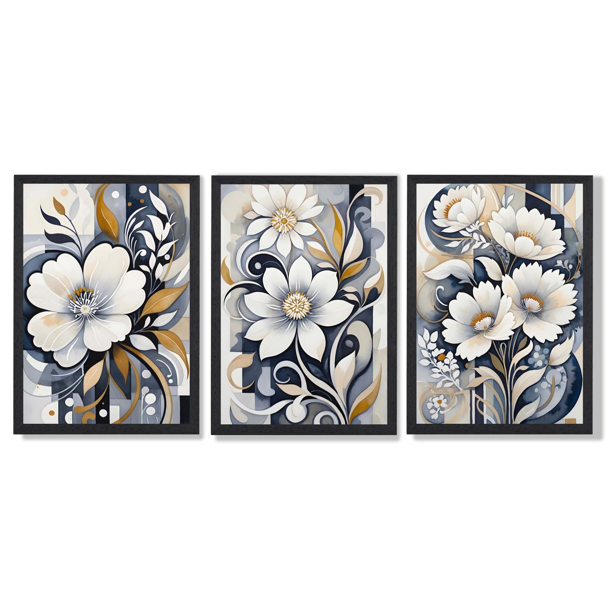 Abstract Dark Blue and White Flowers Set of 3 Framed Art Prints with Black Wooden Frames