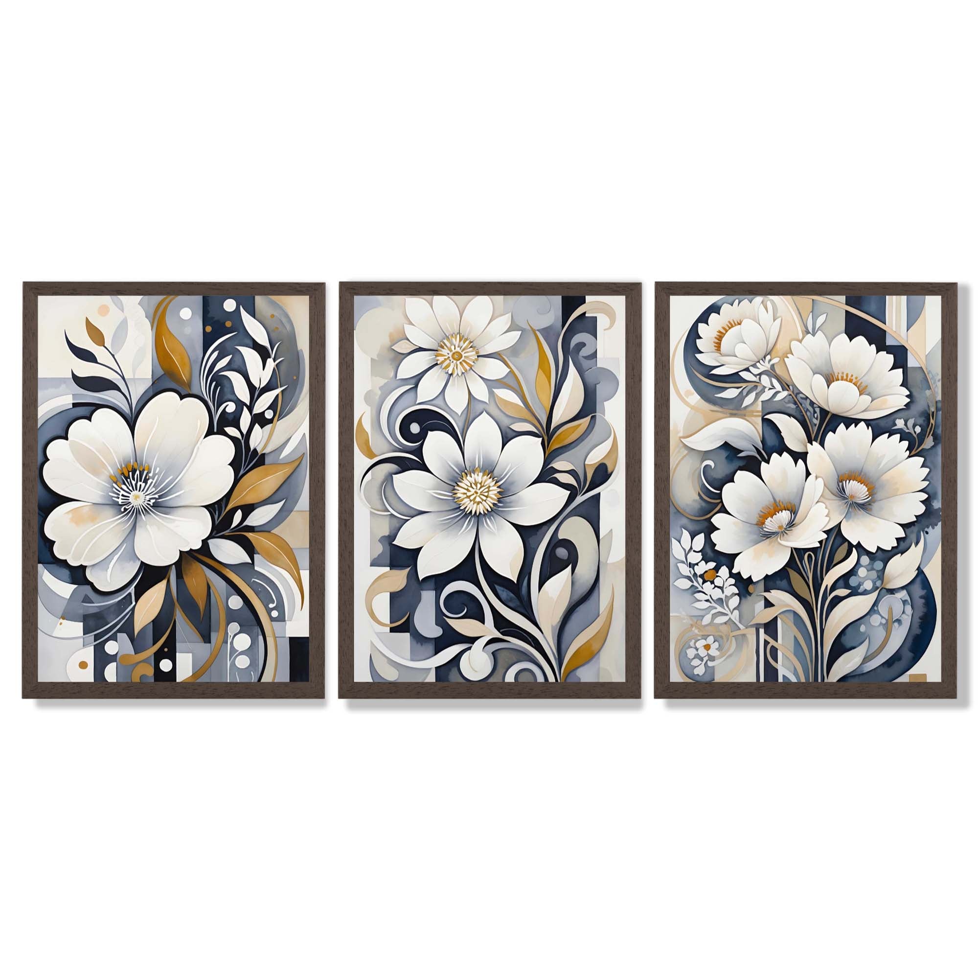 Abstract Dark Blue and White Flowers Set of 3 Framed Art Prints with Dark Wood Frames