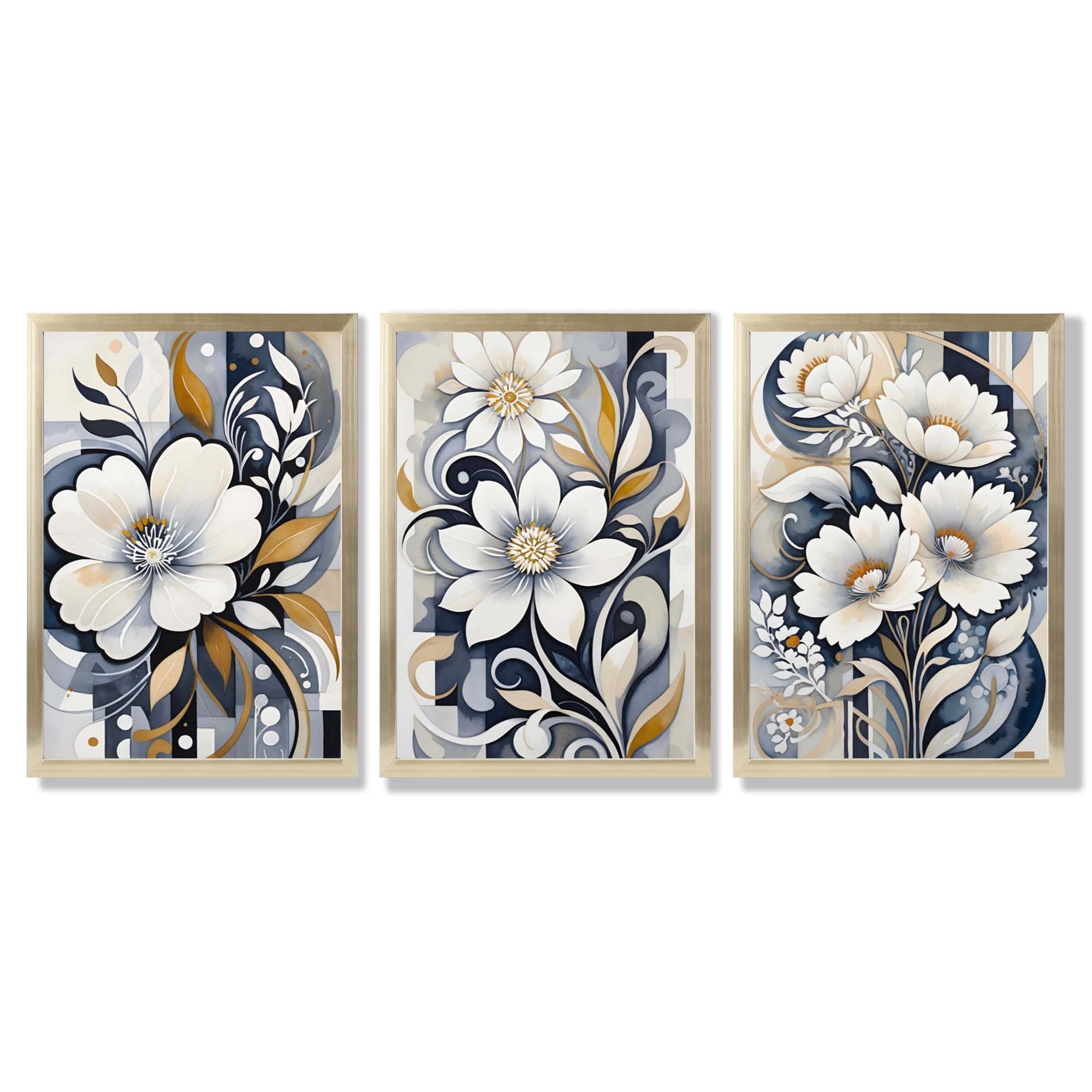 Abstract Dark Blue and White Flowers Set of 3 Framed Art Prints with Gold Wood Frames