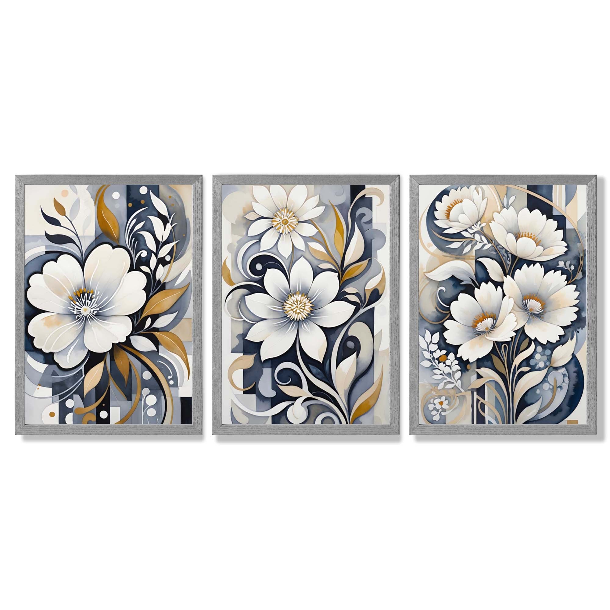 Abstract Dark Blue and White Flowers Set of 3 Framed Art Prints with Light Grey Wooden Frames