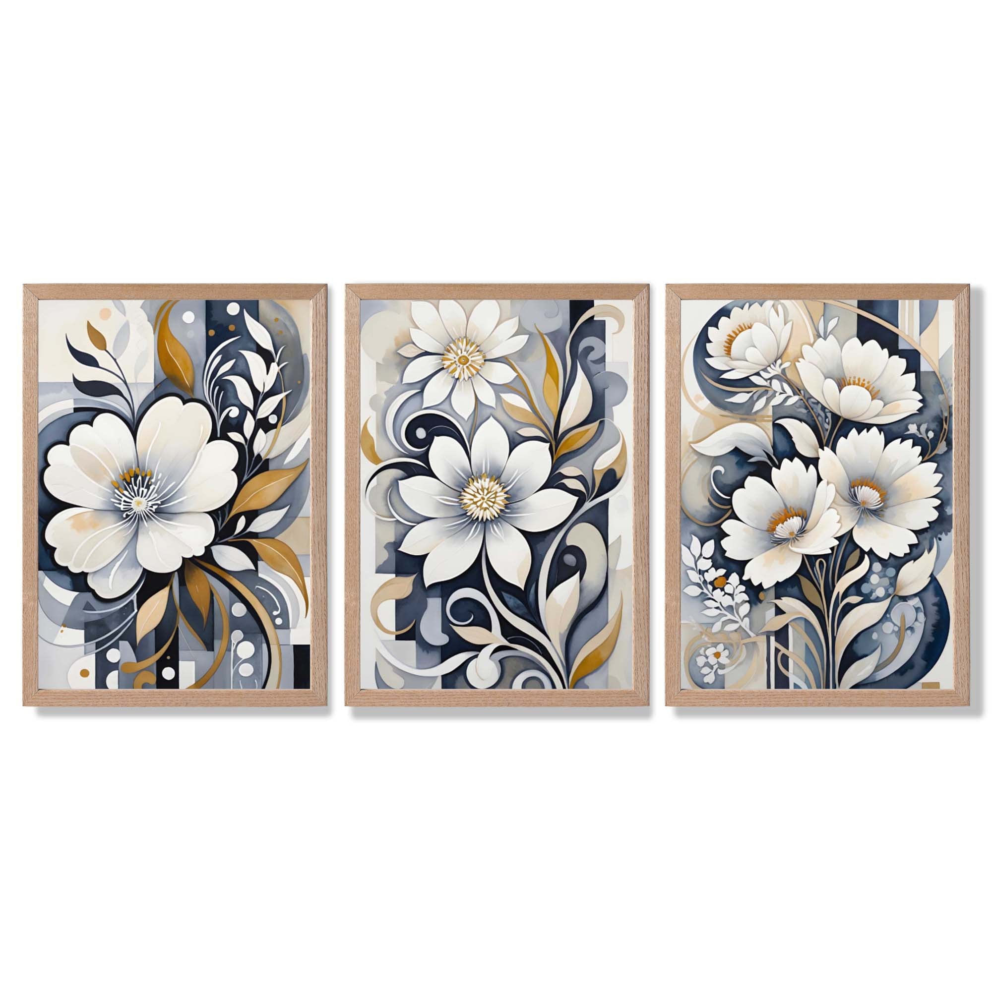 Abstract Dark Blue and White Flowers Set of 3 Framed Art Prints with Light Oak Frames